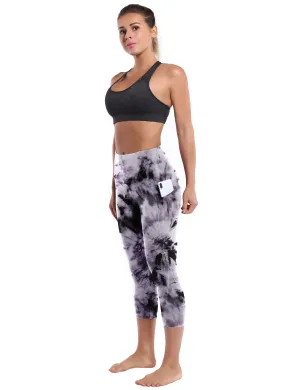 19" High Waist Printed Side Pockets Capris black dandelion_yoga