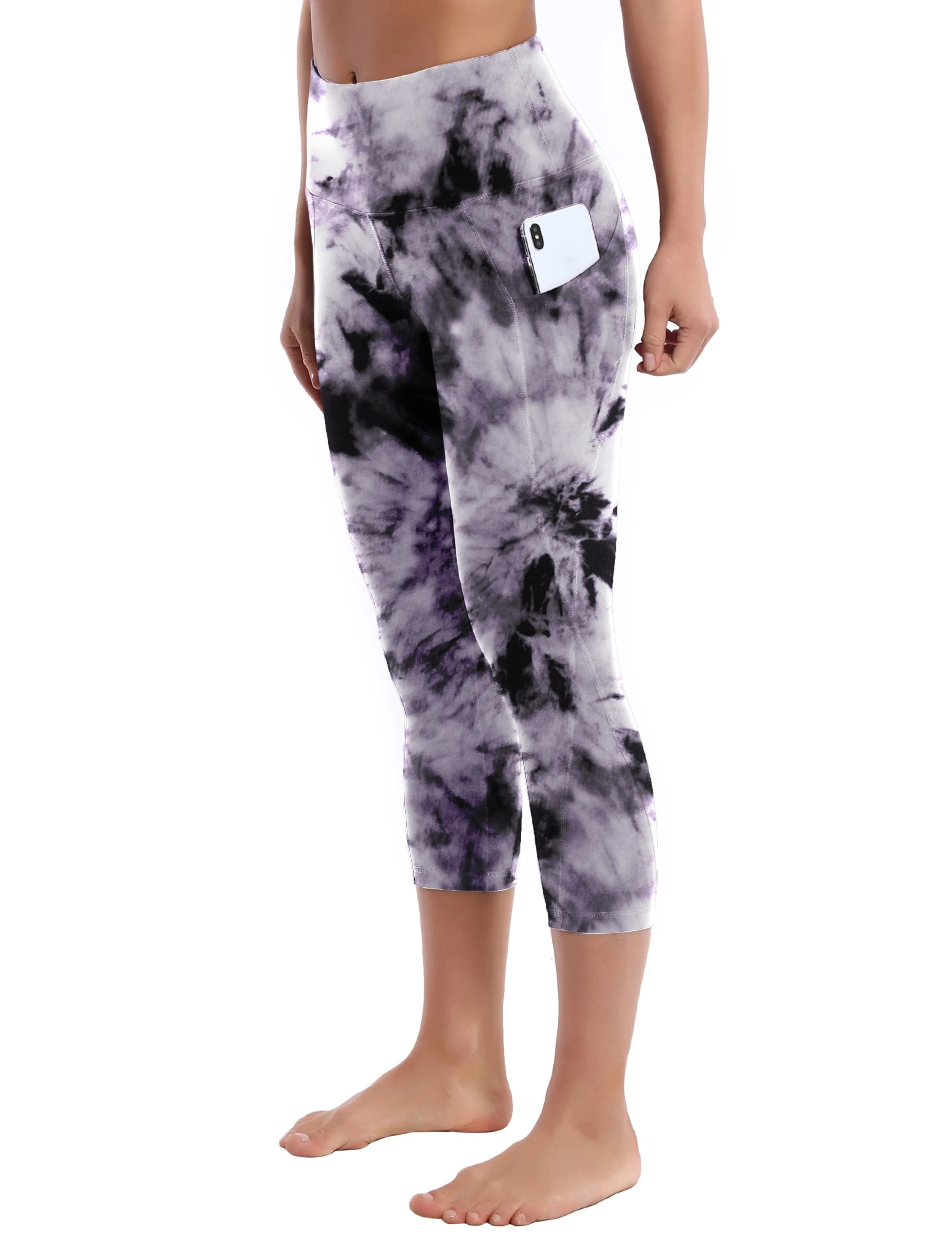 19" High Waist Printed Side Pockets Capris black dandelion_yoga