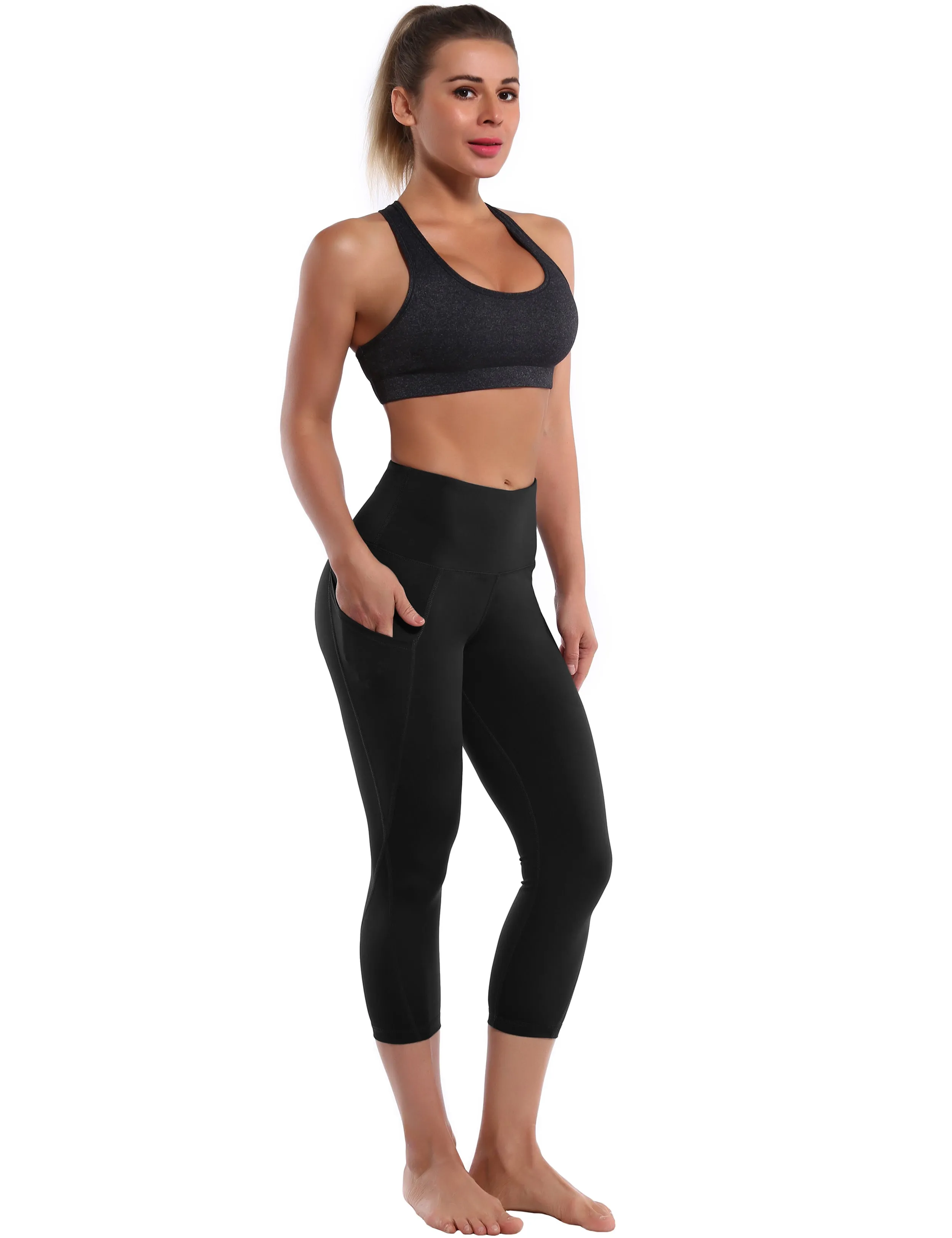 19" High Waist Side Pockets Capris black_yoga