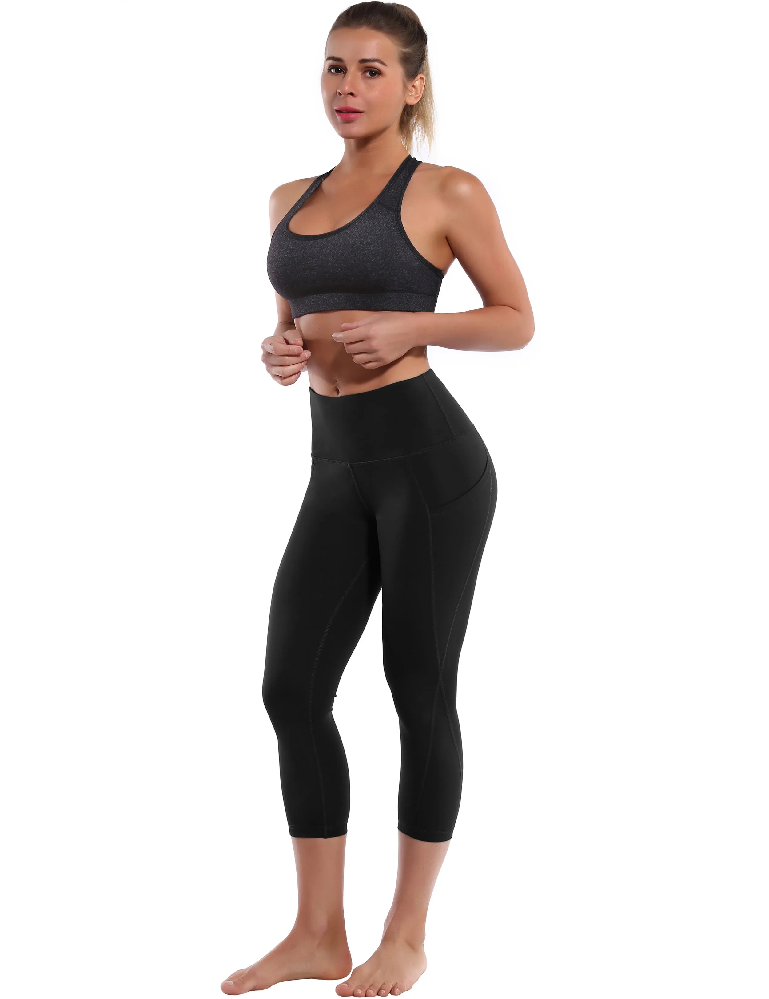 19" High Waist Side Pockets Capris black_yoga