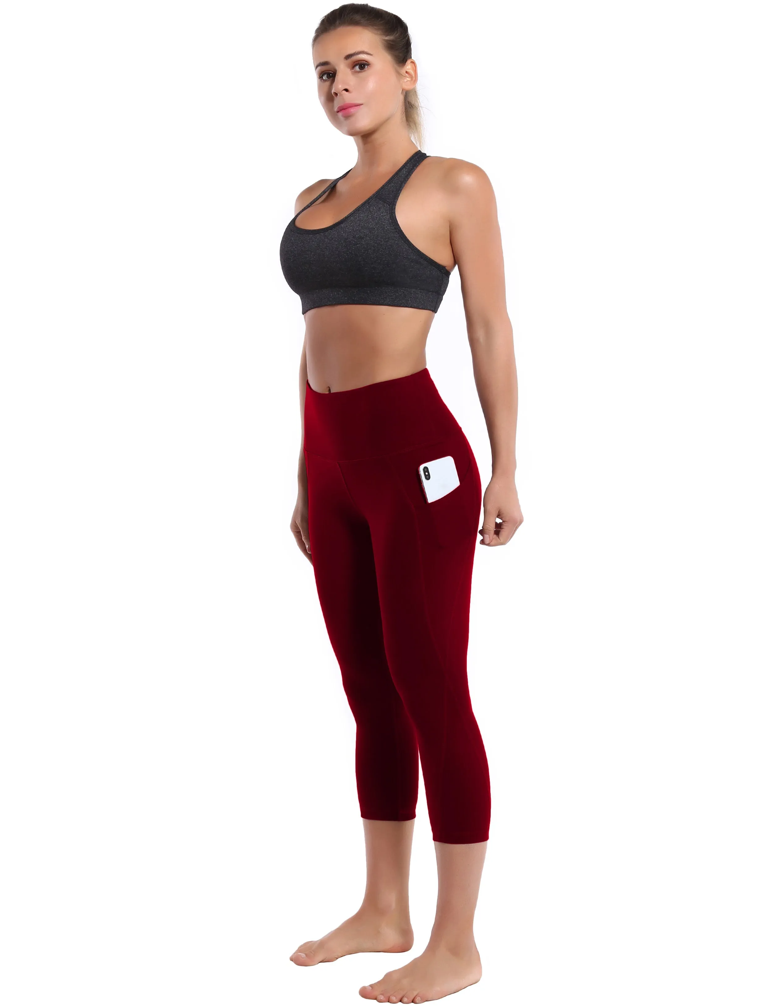 19" High Waist Side Pockets Capris cherryred_yoga