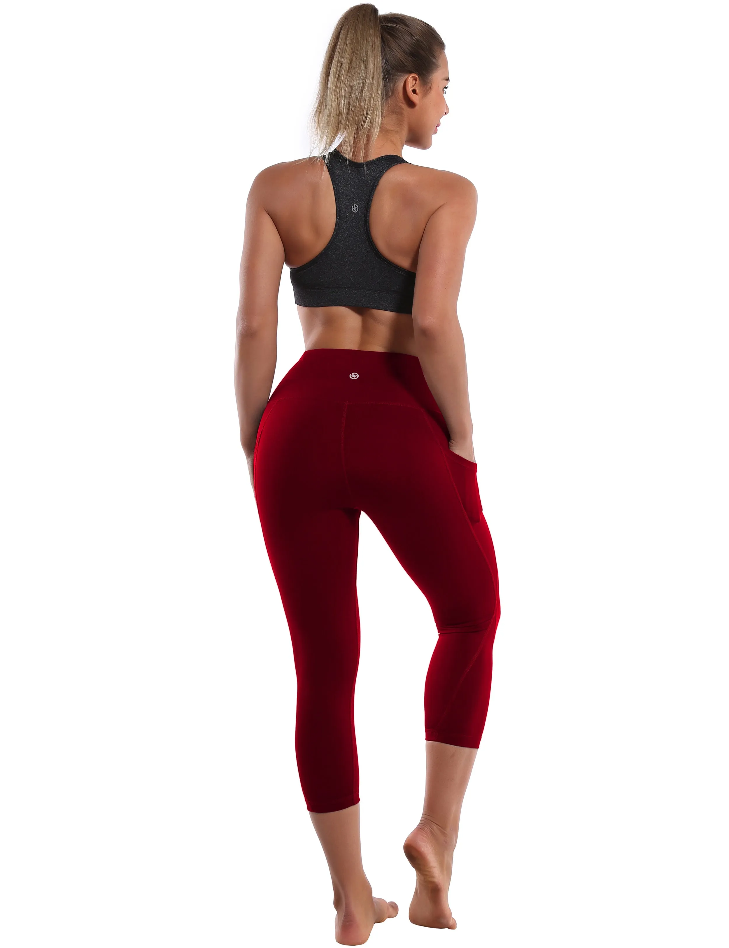 19" High Waist Side Pockets Capris cherryred_yoga