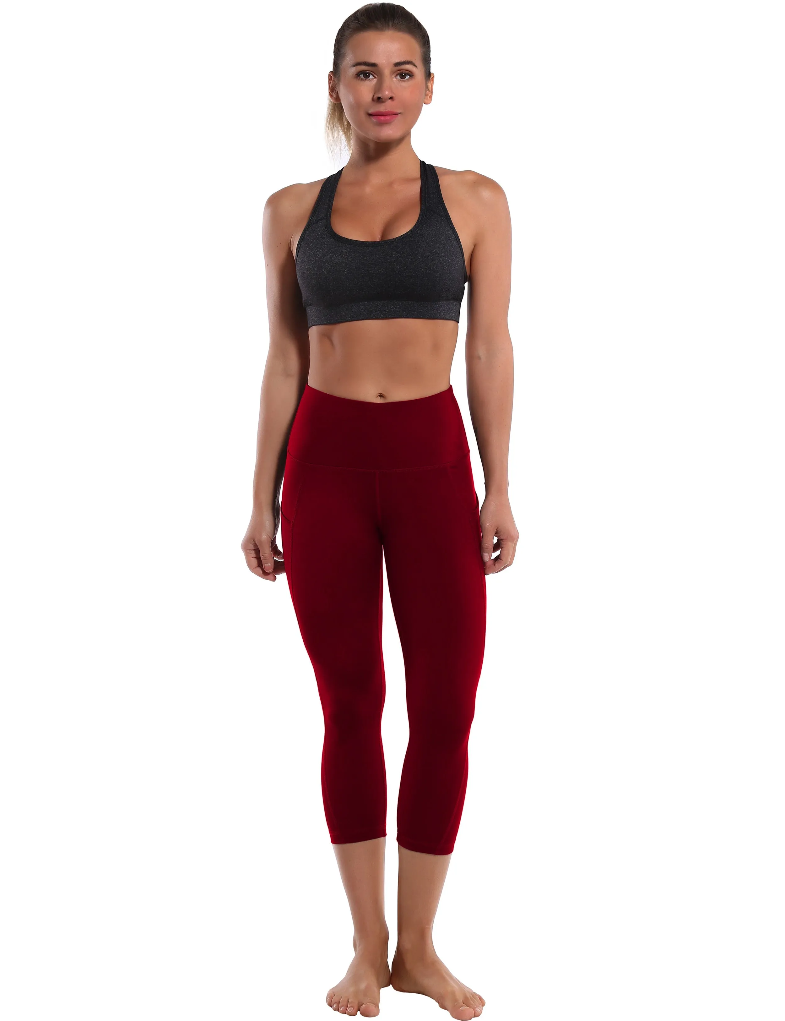 19" High Waist Side Pockets Capris cherryred_yoga