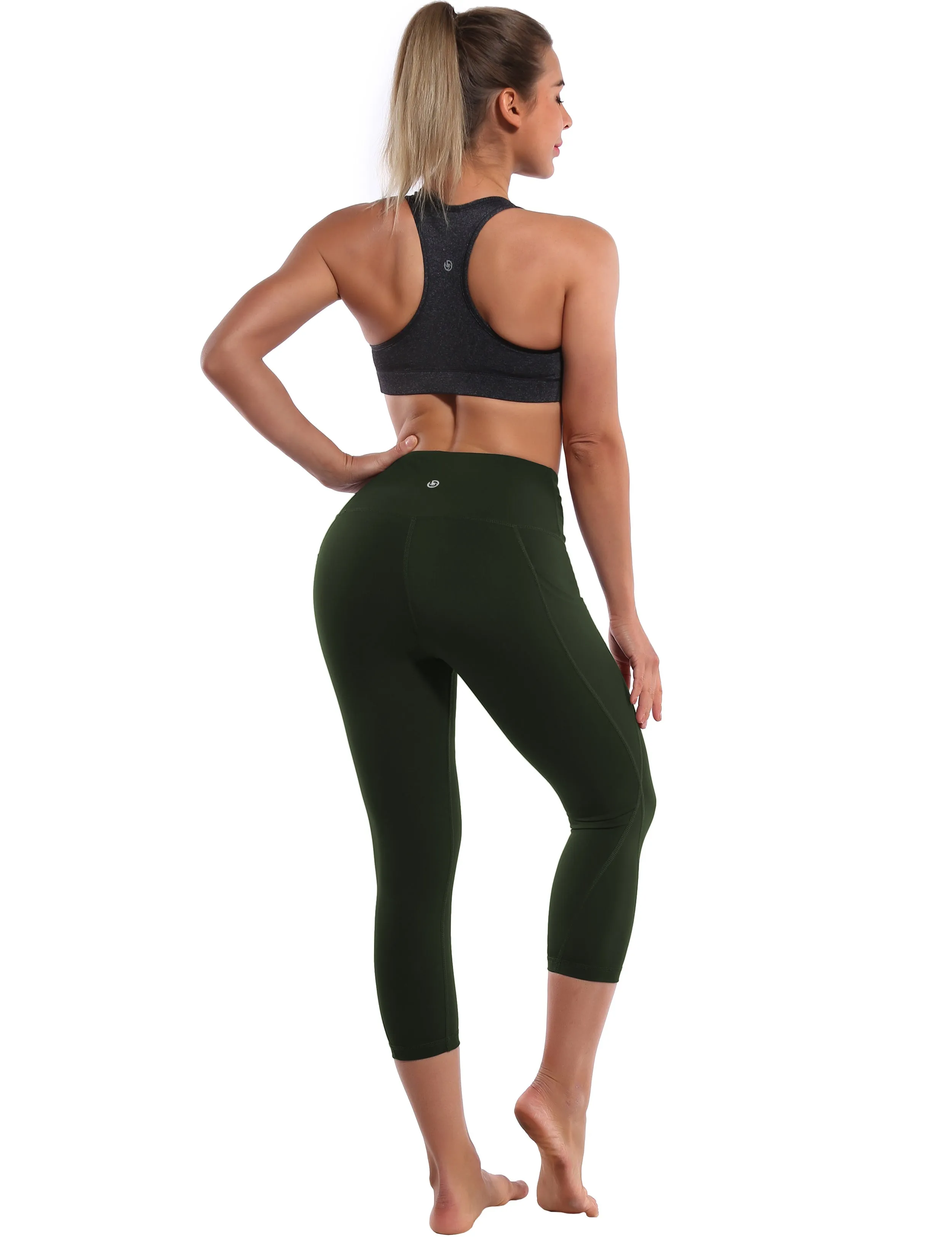 19" High Waist Side Pockets Capris olivegray_yoga