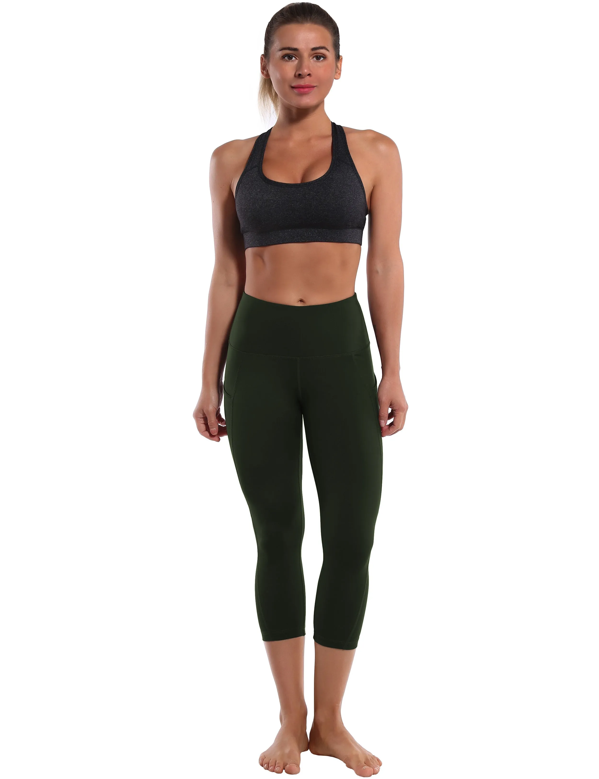 19" High Waist Side Pockets Capris olivegray_yoga