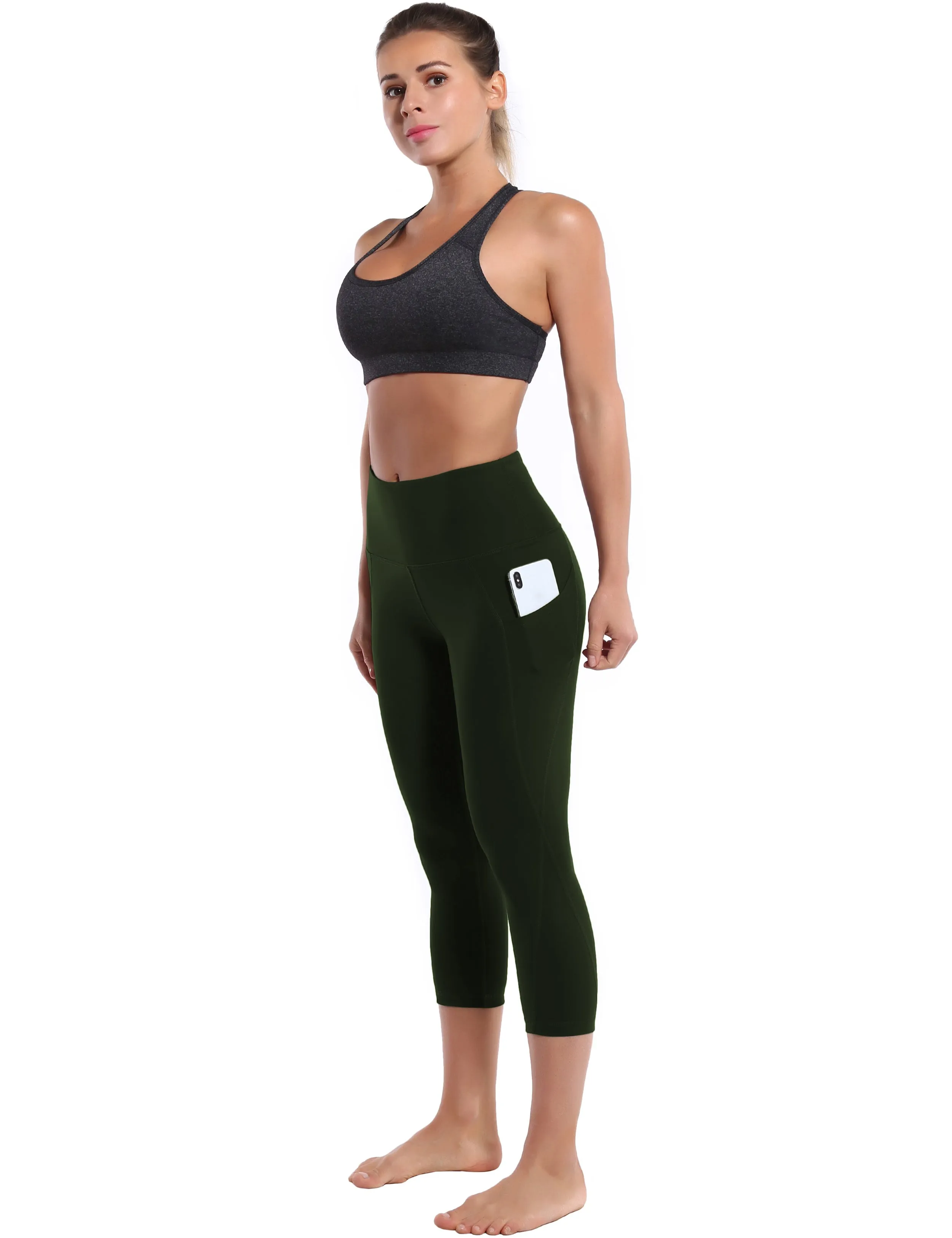 19" High Waist Side Pockets Capris olivegray_yoga