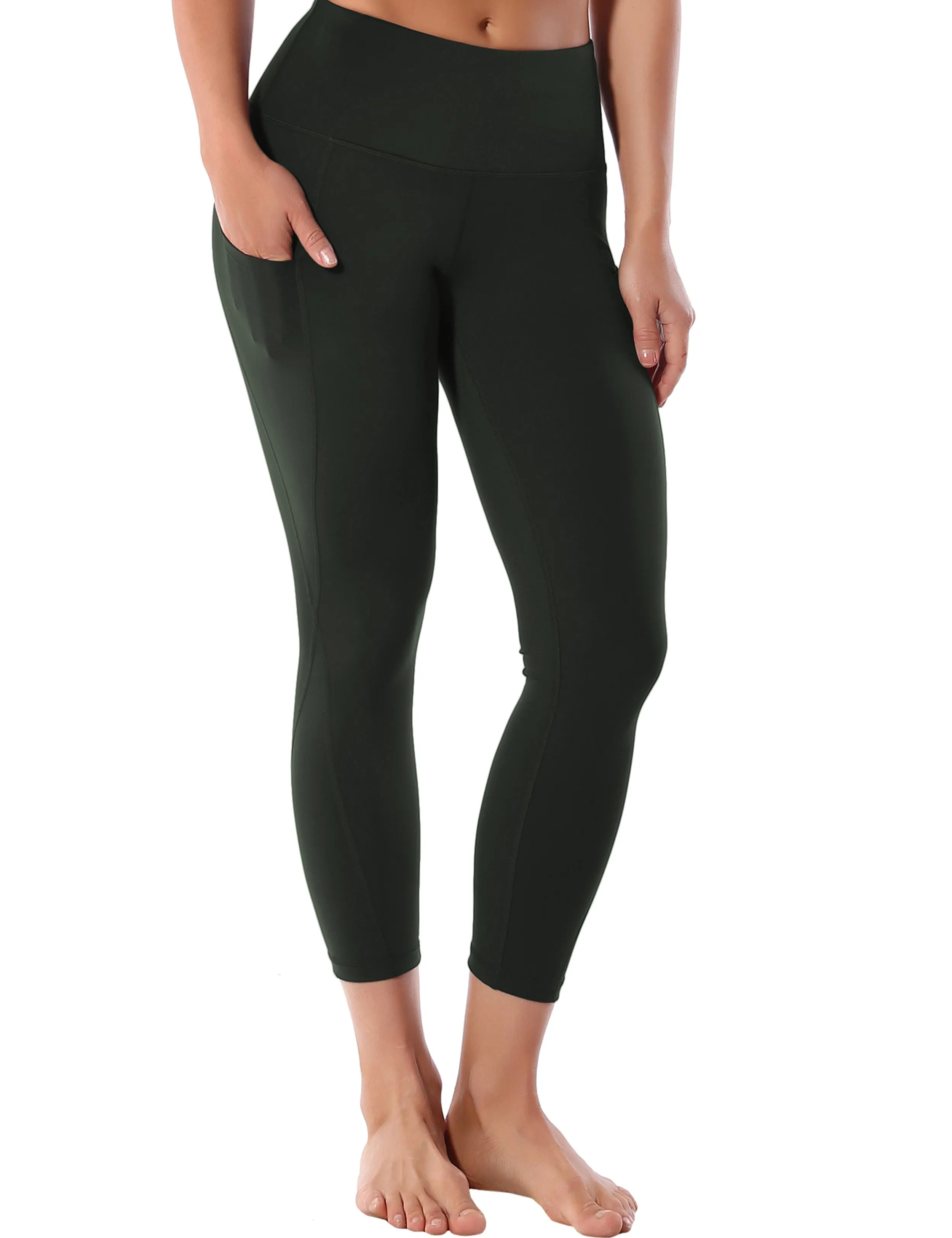 22" High Waist Side Pockets Capris olivegray_yoga