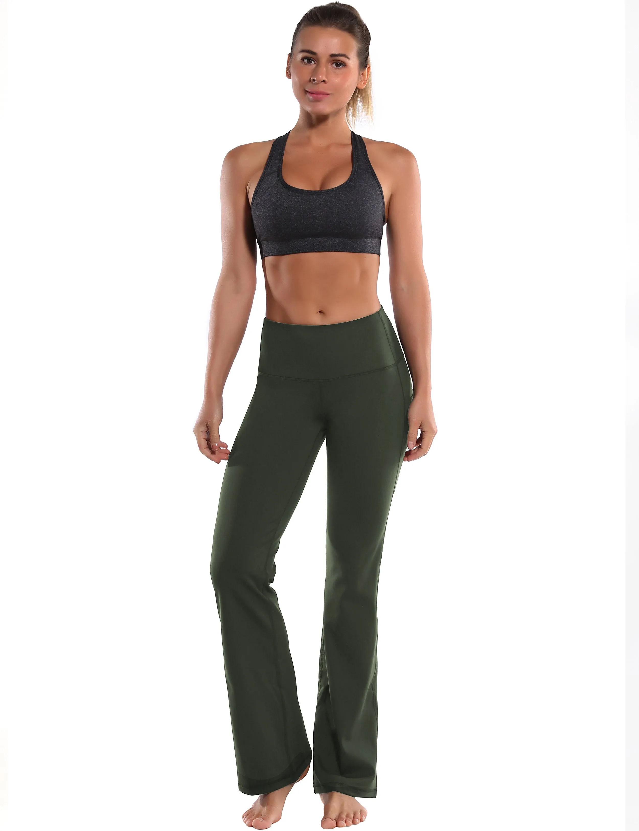 29" 31" 33" 35" 37"  Side Pockets Bootcut Leggings olivegreen_yoga