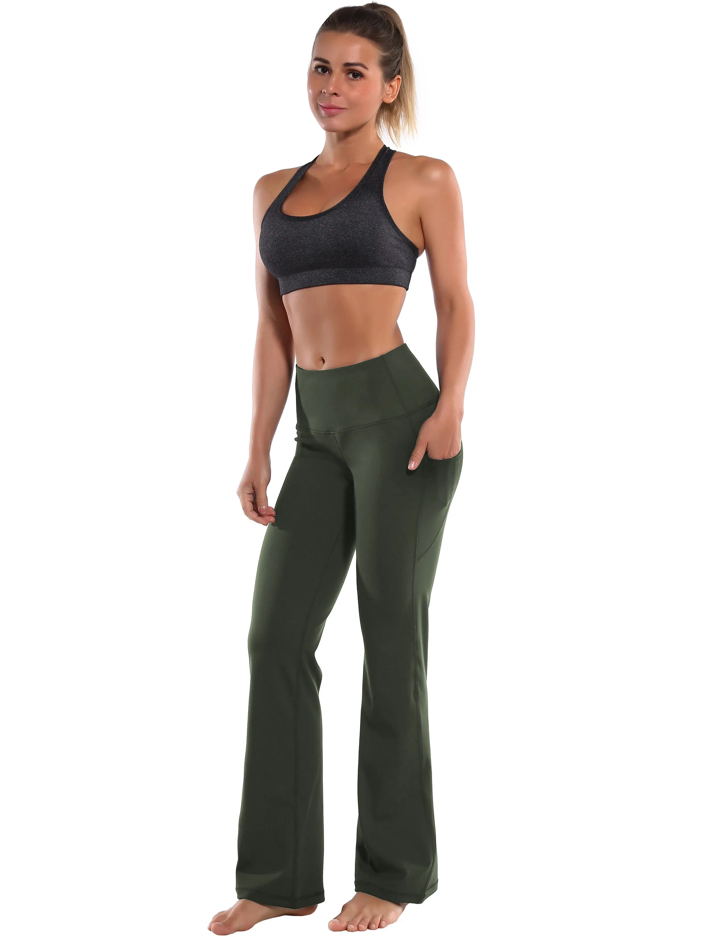 29" 31" 33" 35" 37"  Side Pockets Bootcut Leggings olivegreen_yoga