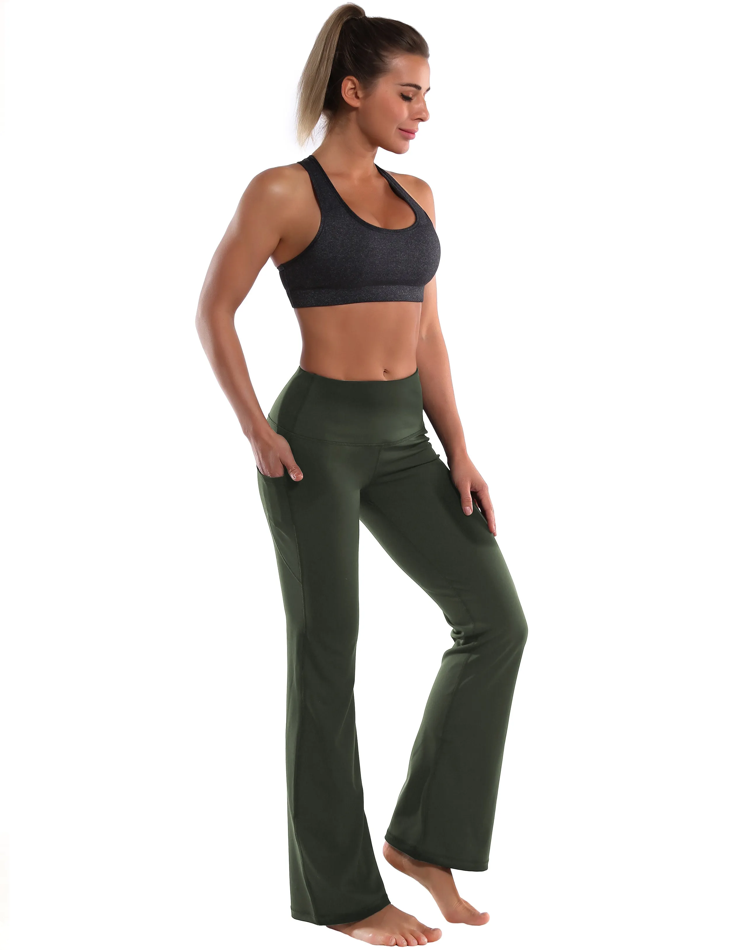 29" 31" 33" 35" 37"  Side Pockets Bootcut Leggings olivegreen_yoga