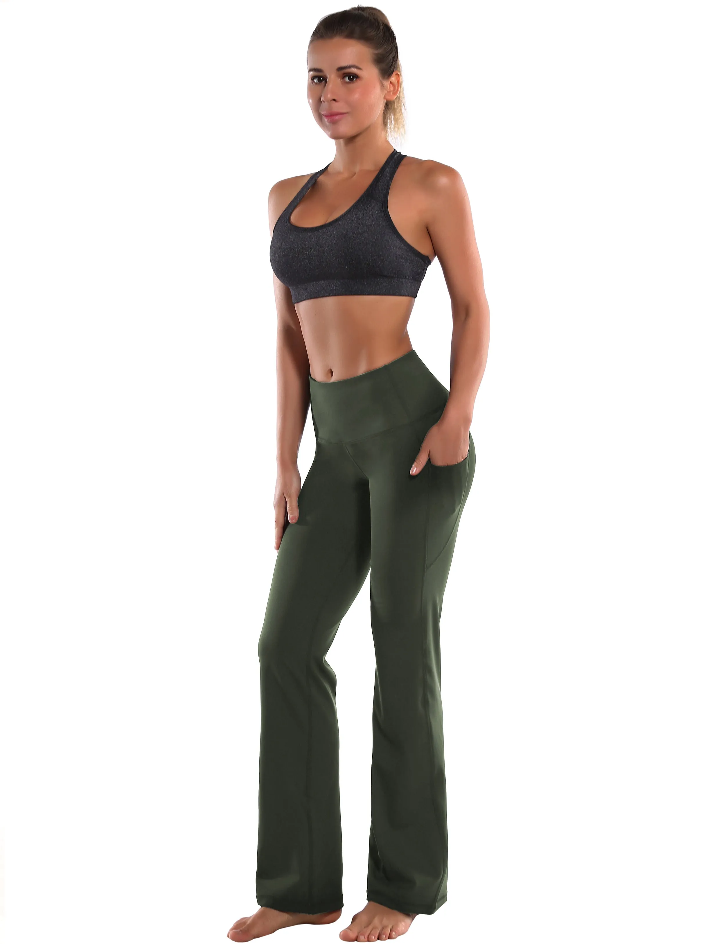 29" 31" 33" 35" 37"  Side Pockets Bootcut Leggings olivegreen_yoga