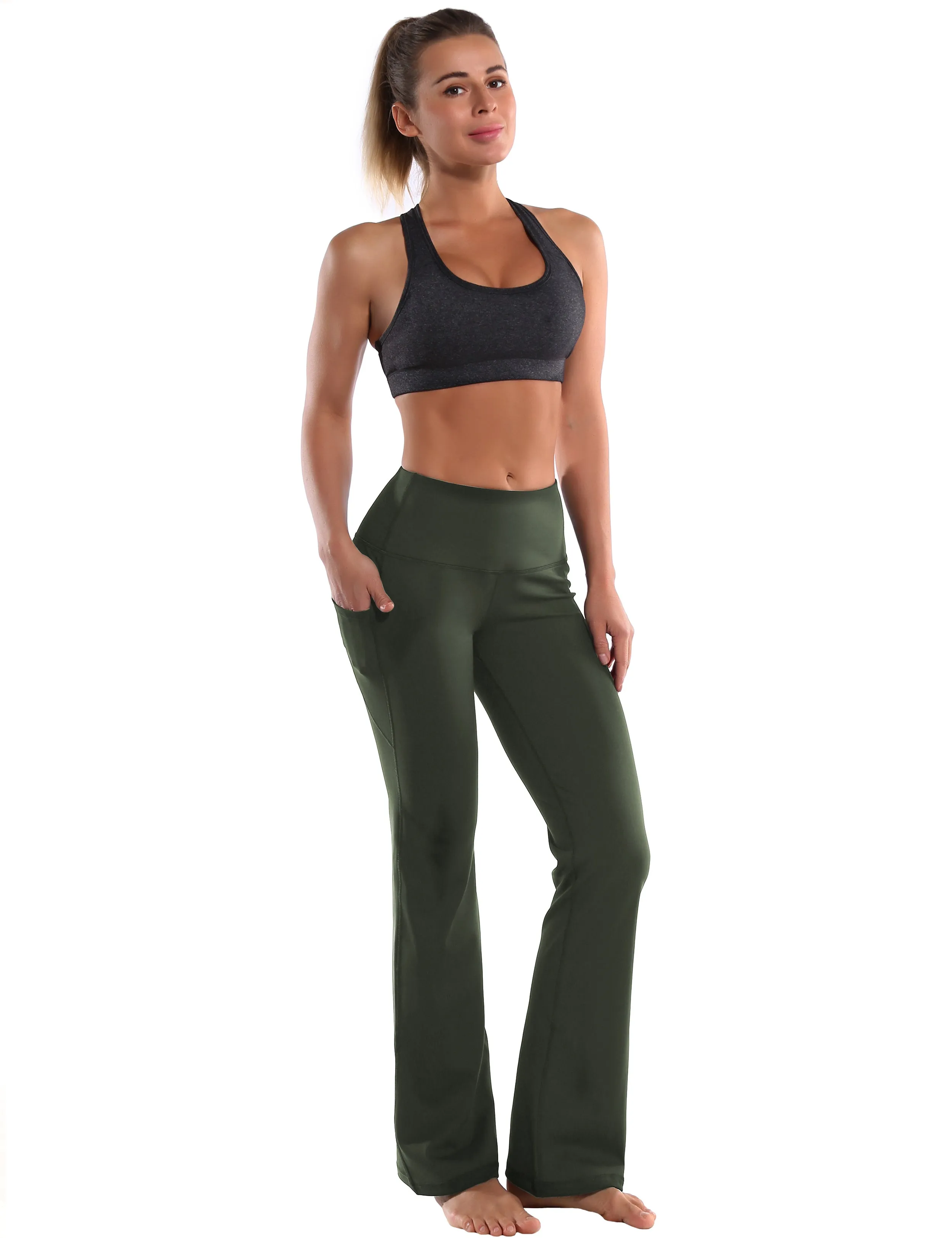 29" 31" 33" 35" 37"  Side Pockets Bootcut Leggings olivegreen_yoga