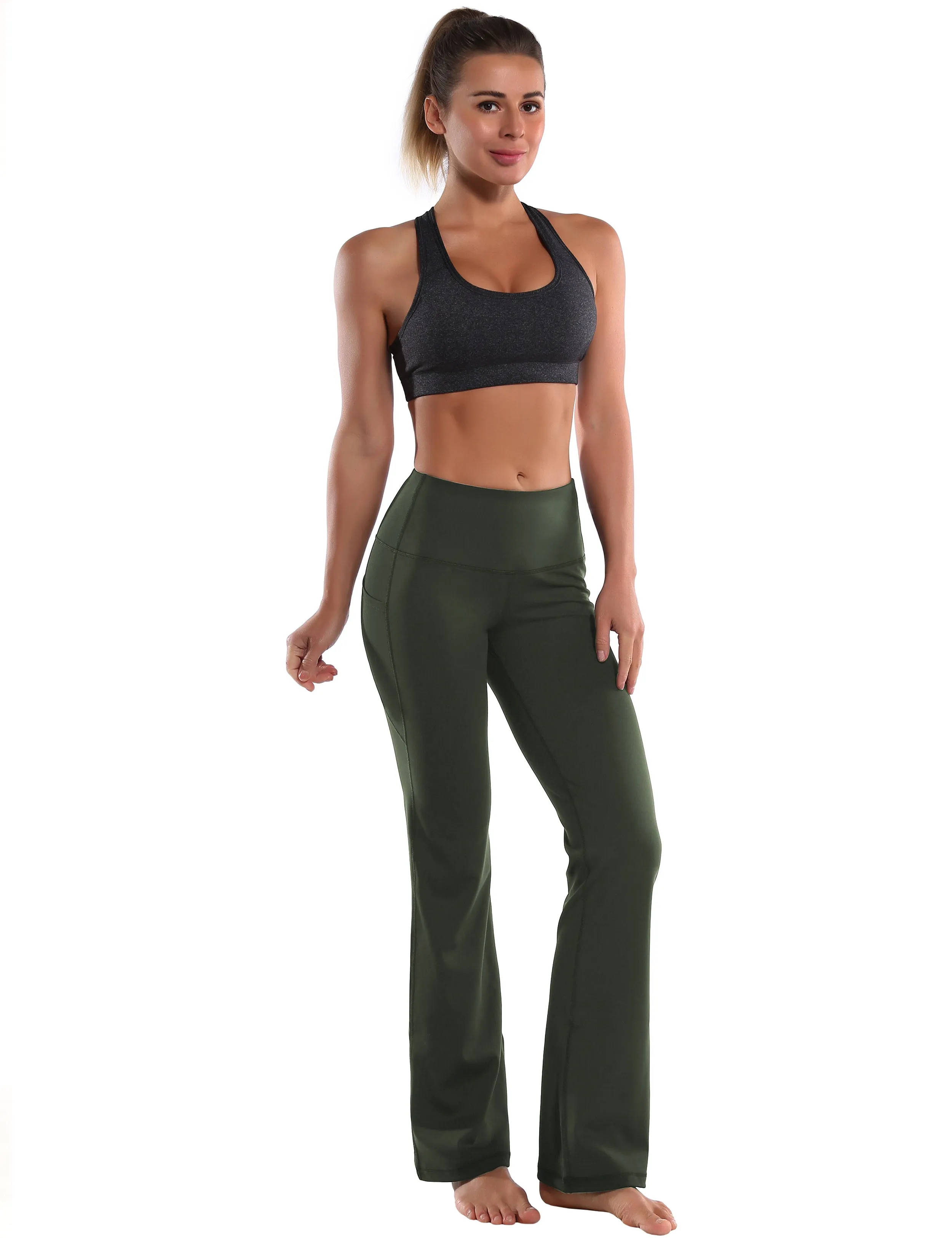 29" 31" 33" 35" 37"  Side Pockets Bootcut Leggings olivegreen_yoga