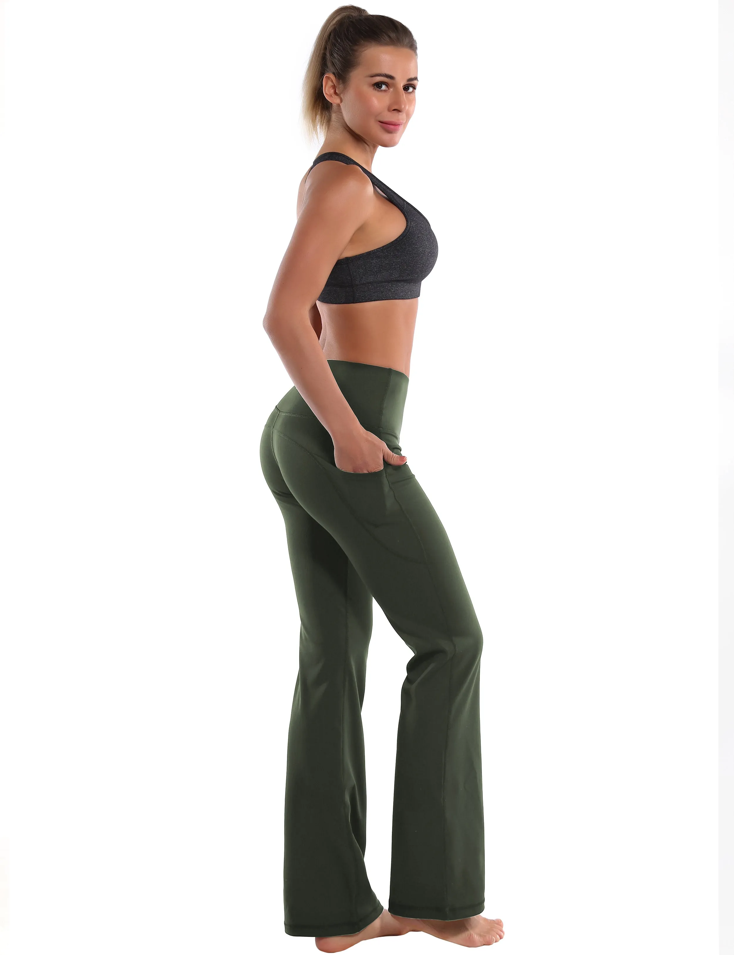 29" 31" 33" 35" 37"  Side Pockets Bootcut Leggings olivegreen_yoga