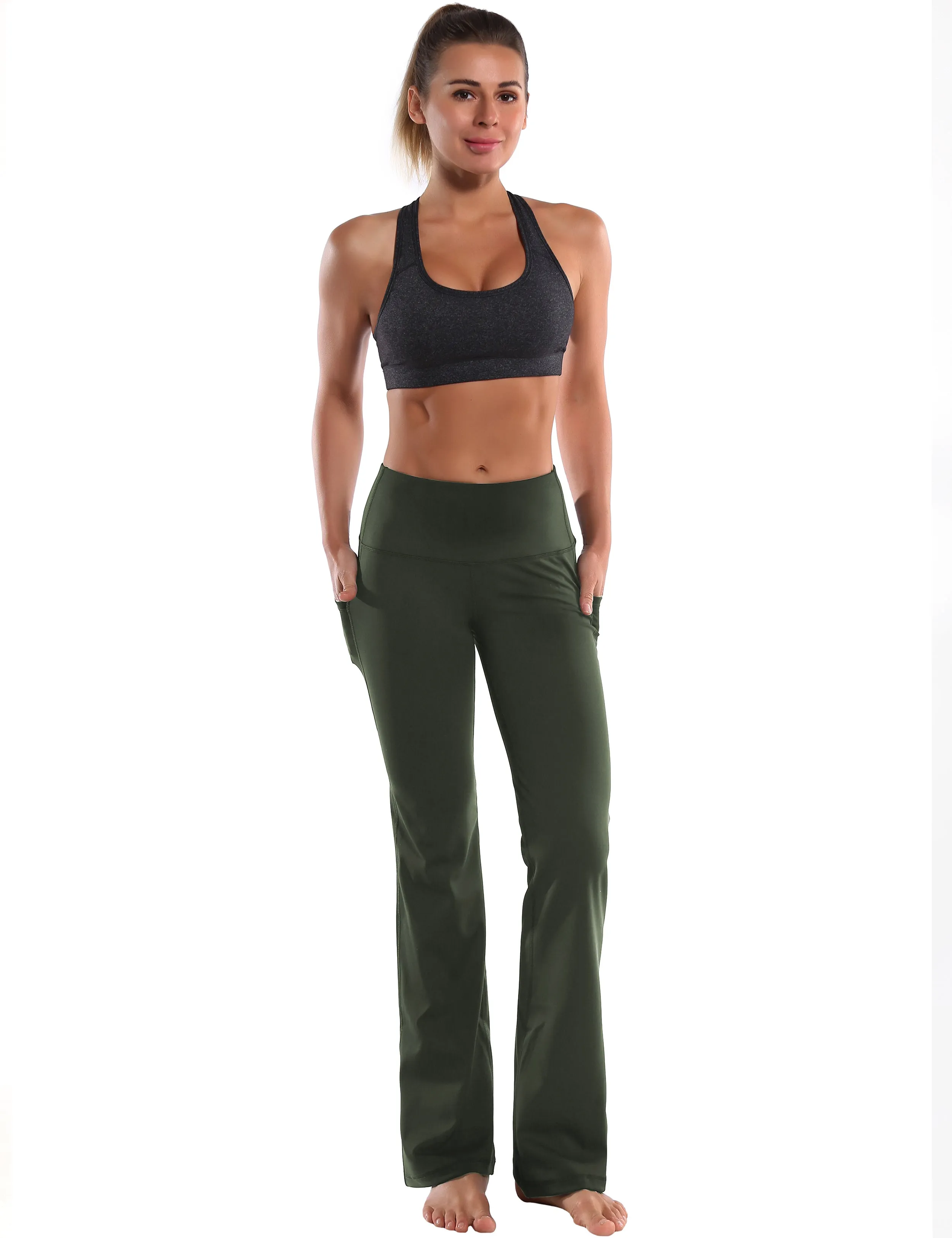 29" 31" 33" 35" 37"  Side Pockets Bootcut Leggings olivegreen_yoga