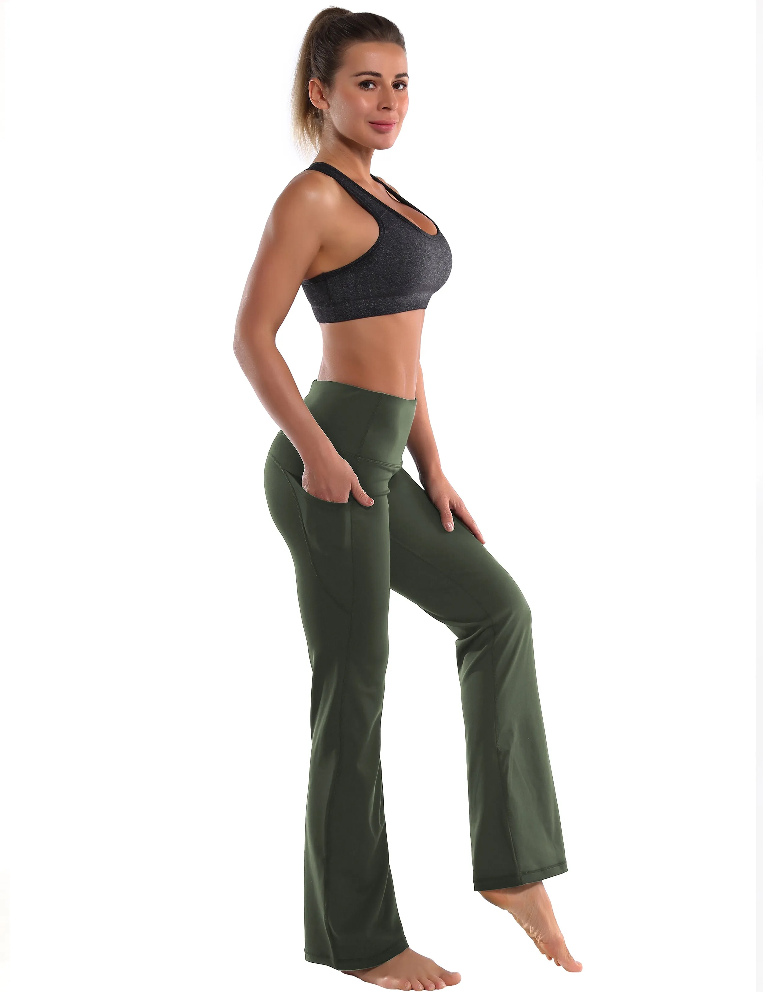 29" 31" 33" 35" 37"  Side Pockets Bootcut Leggings olivegreen_yoga