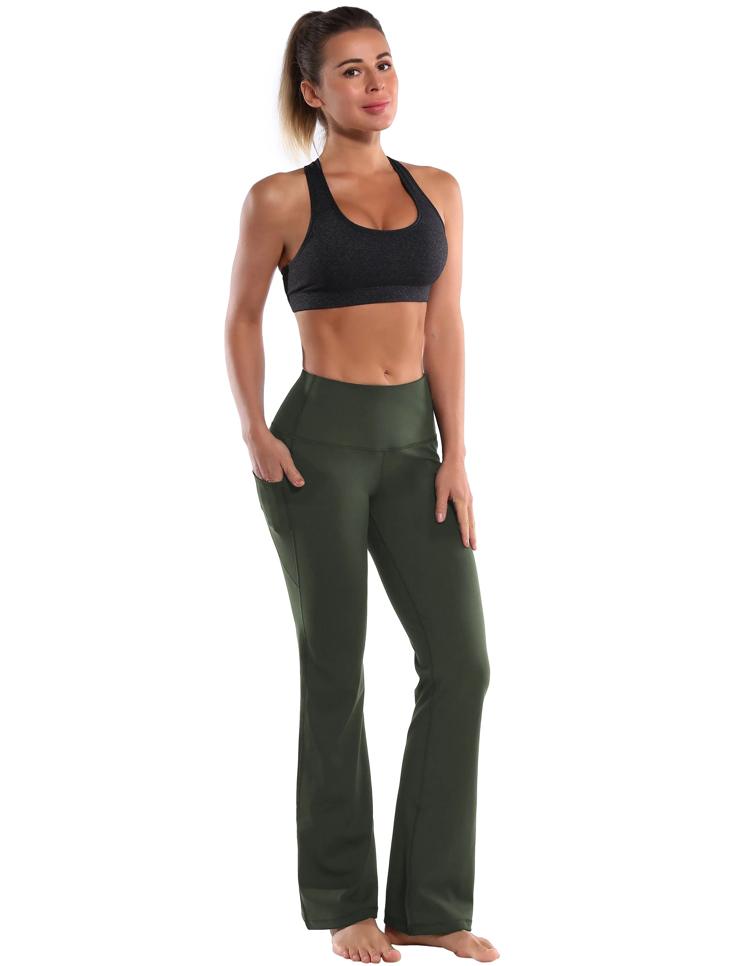 29" 31" 33" 35" 37"  Side Pockets Bootcut Leggings olivegreen_yoga