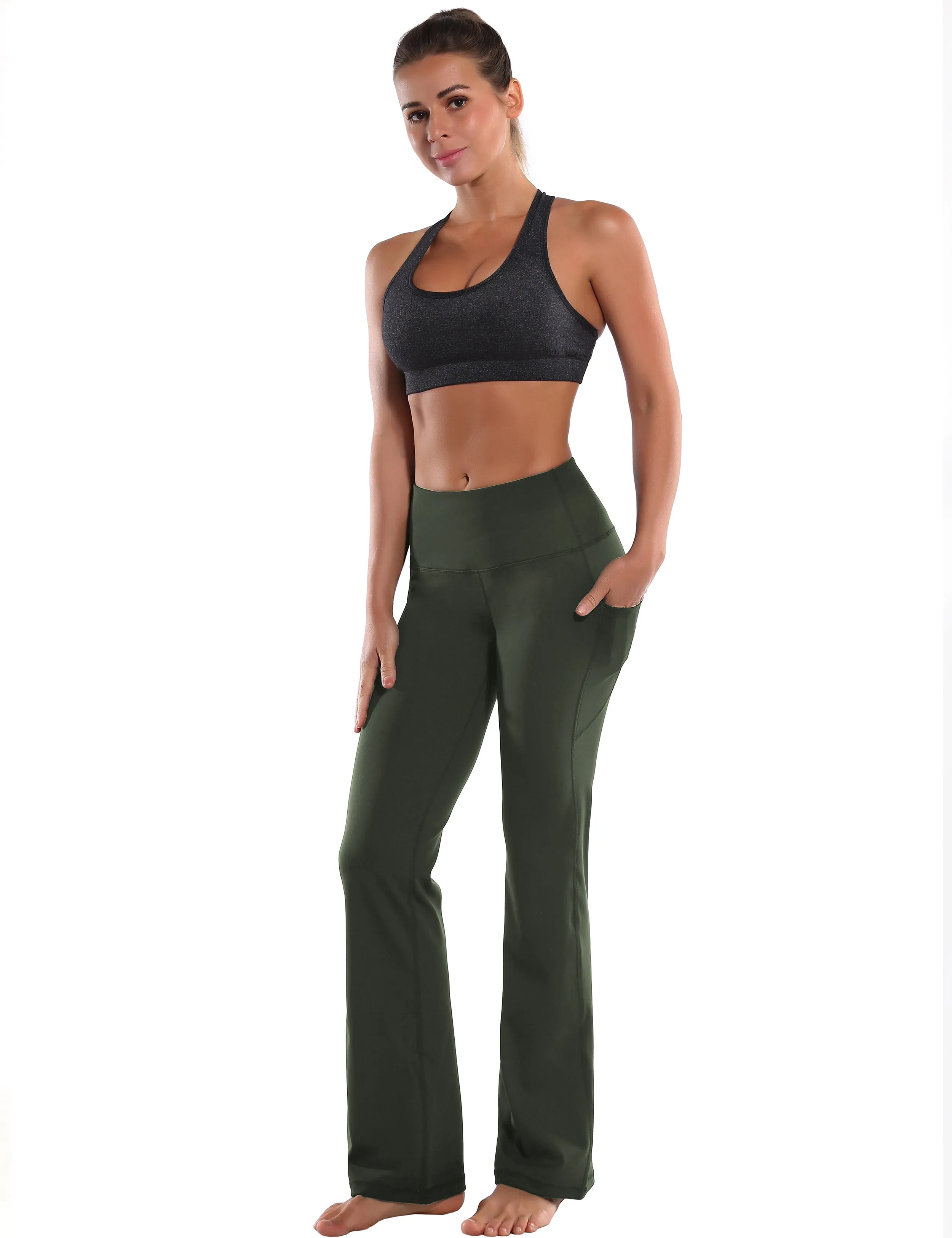 29" 31" 33" 35" 37"  Side Pockets Bootcut Leggings olivegreen_yoga