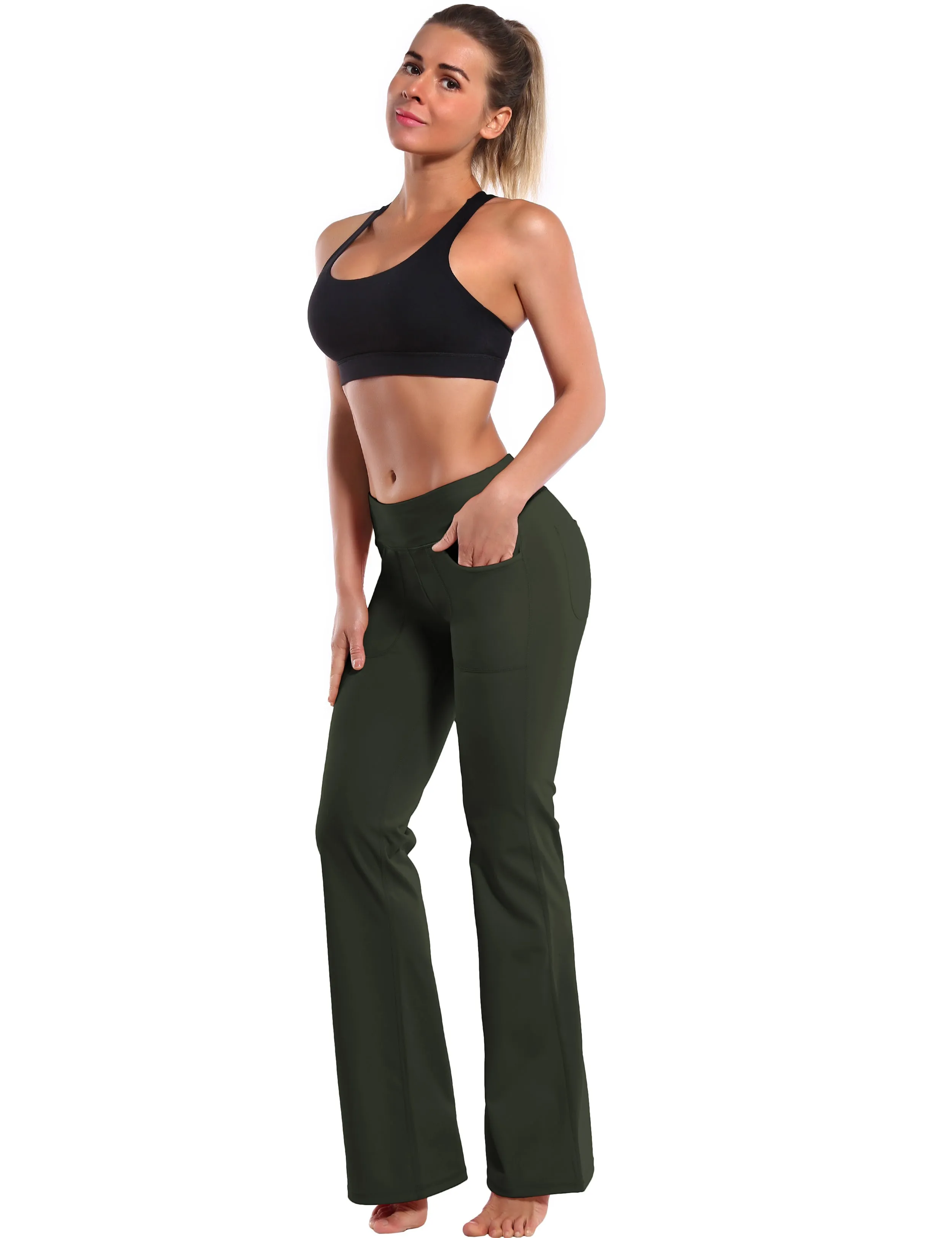 29" 31" 33" 35" Bootcut Leggings with Pockets olivegray_yoga