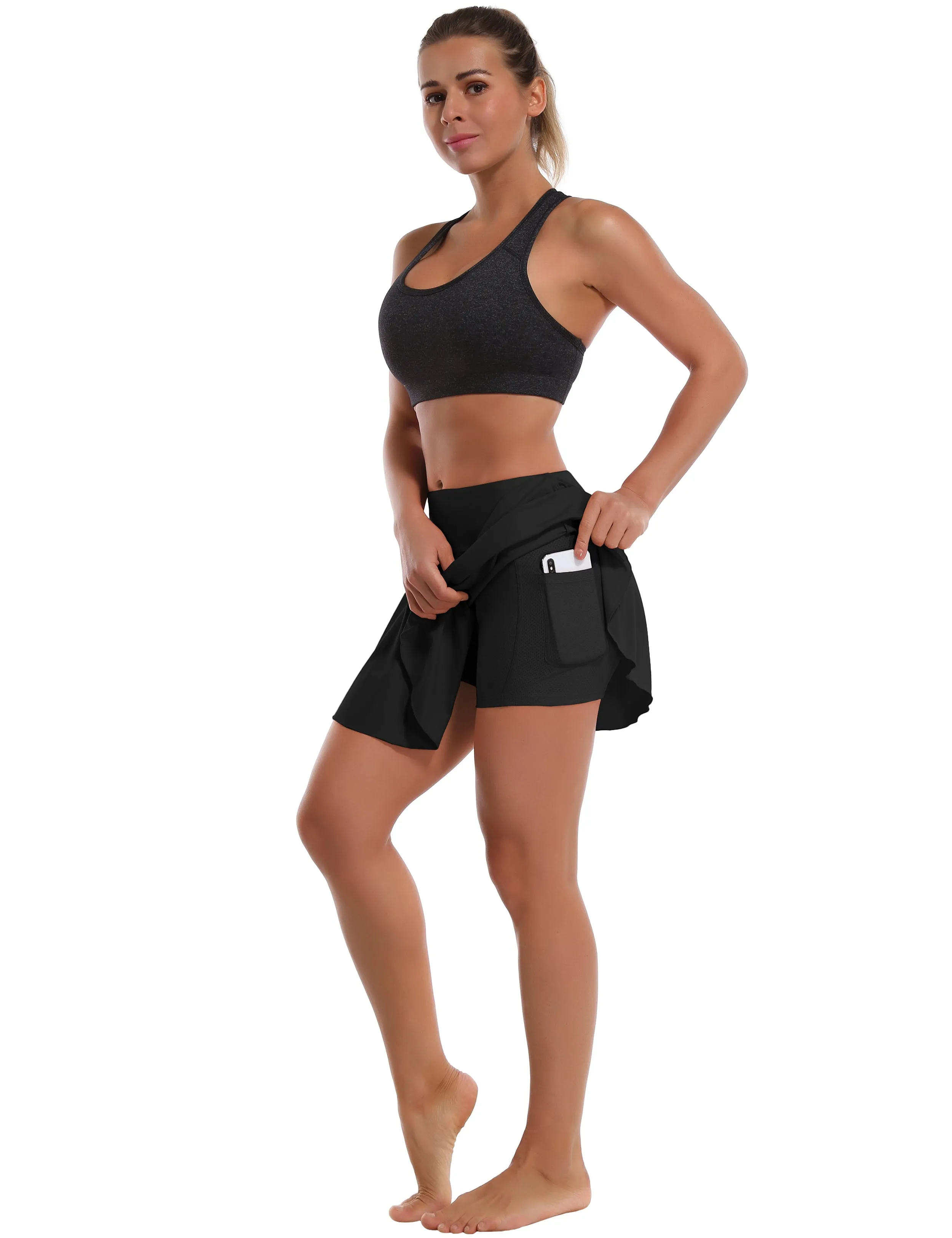 Athletic Tennis Golf Pleated Skort with Pocket Shorts black_yogastudio