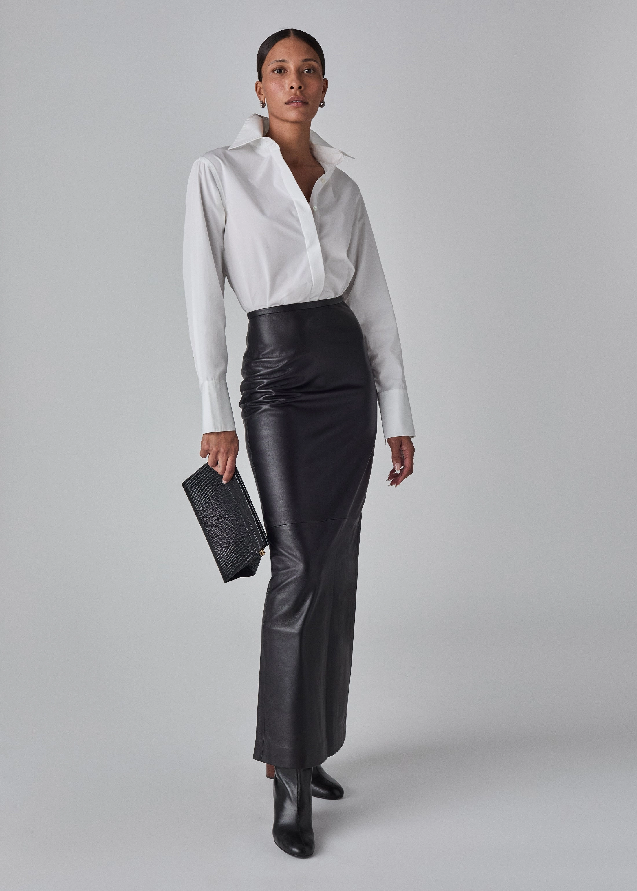 Full Length Skirt in Leather  - Black
