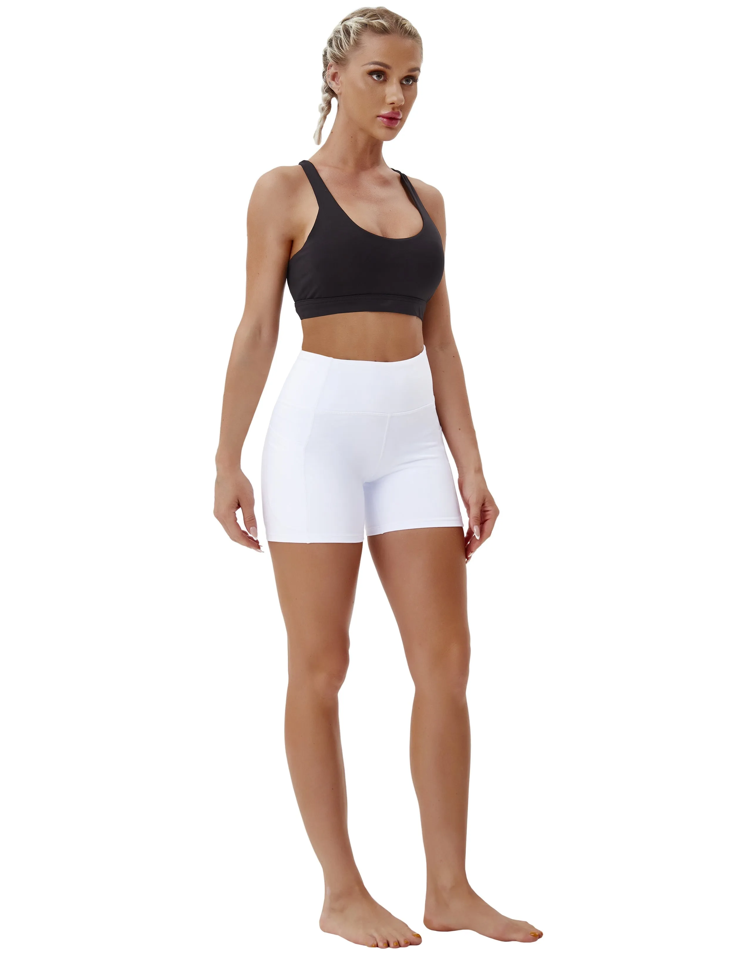 High Waist Side Pockets Yoga Shorts white_yoga
