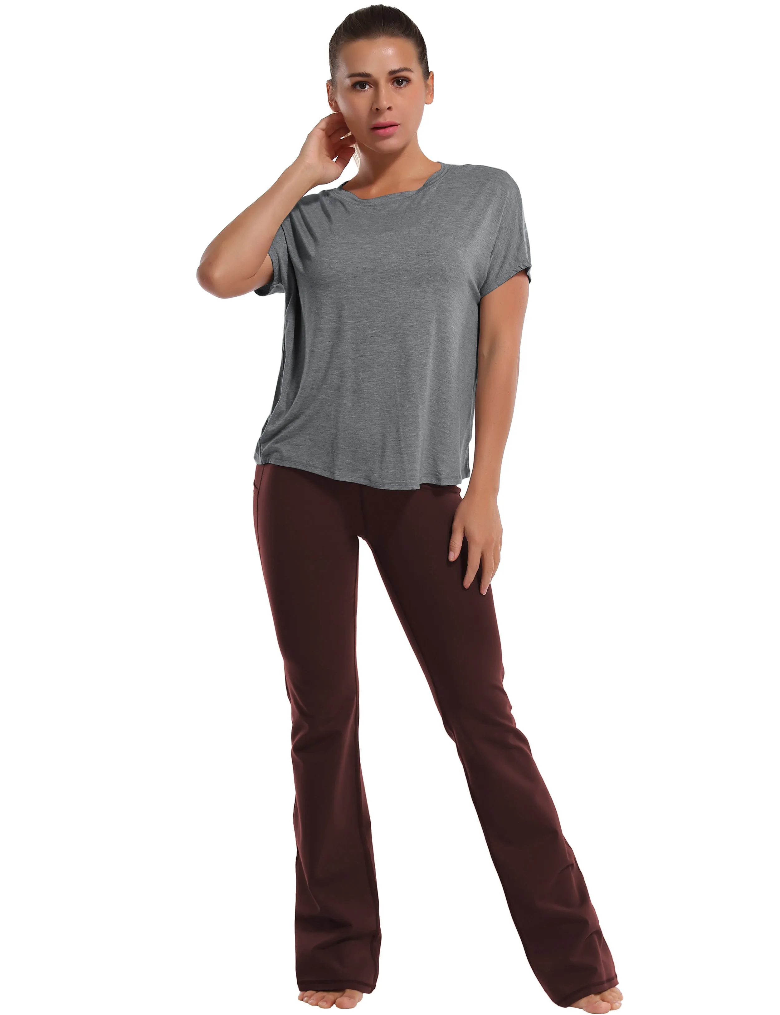 Hip Length Short Sleeve Shirt heathercharcoal_yoga