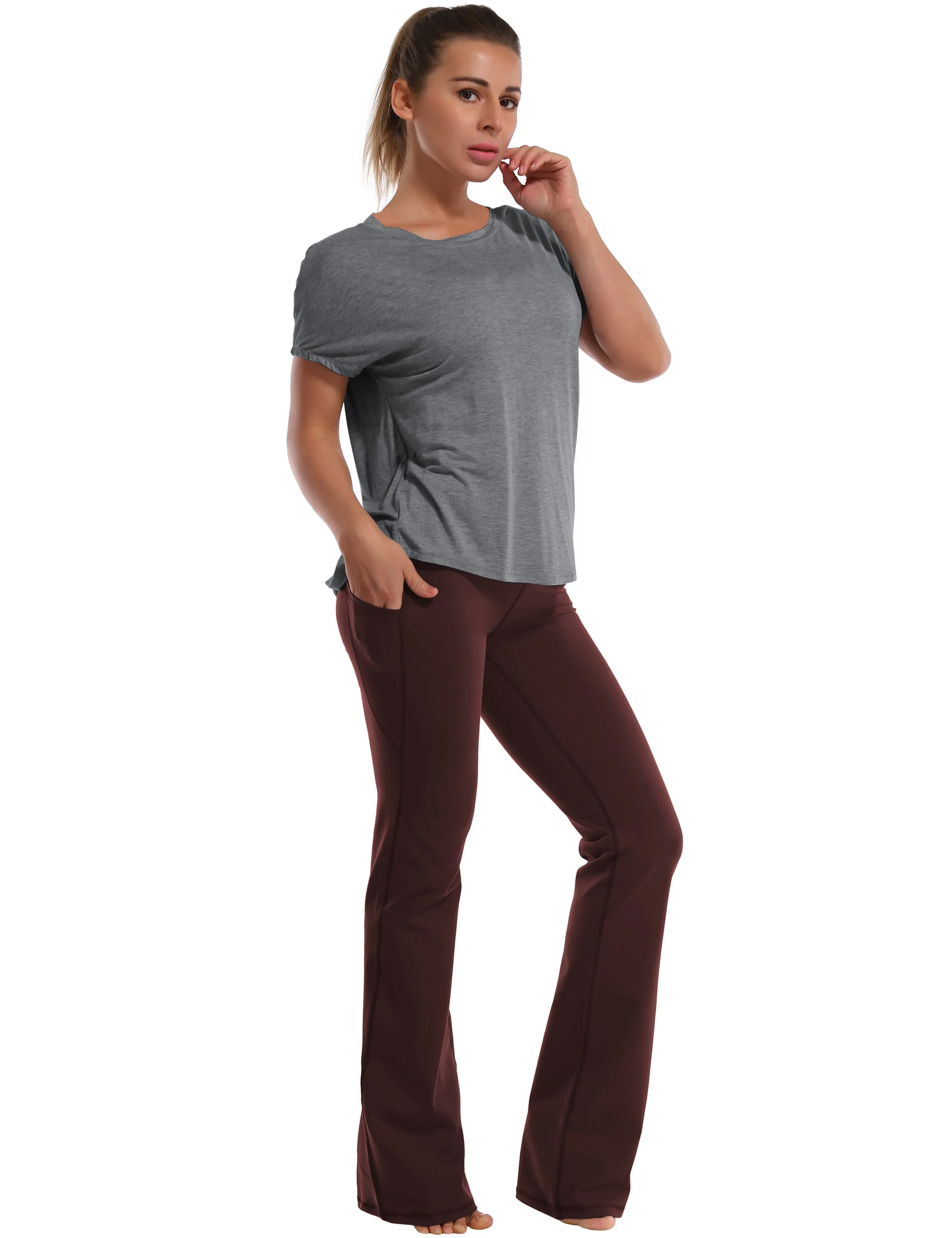 Hip Length Short Sleeve Shirt heathercharcoal_yoga