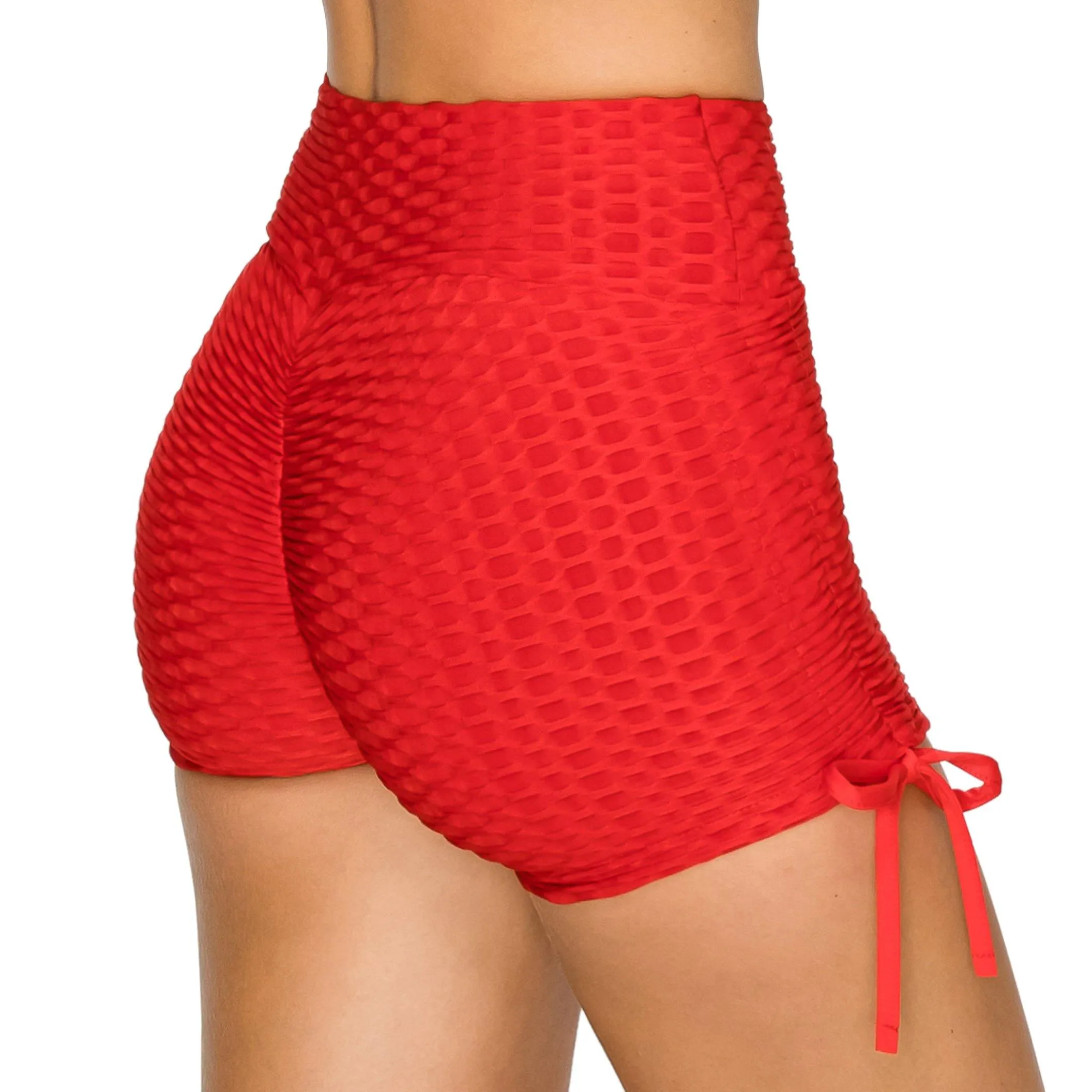 Textured Booty Yoga Shorts - Tie Accent