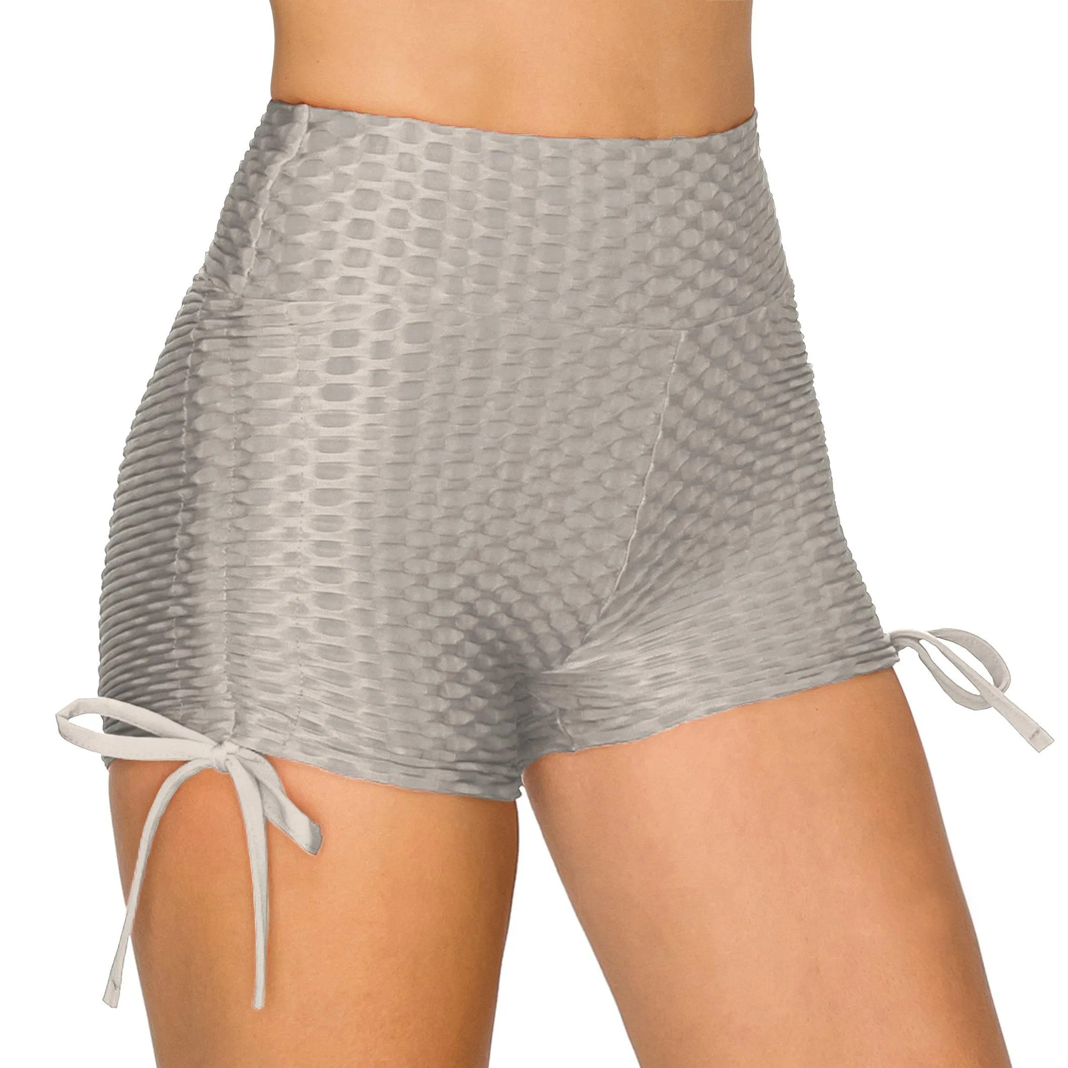 Textured Booty Yoga Shorts - Tie Accent