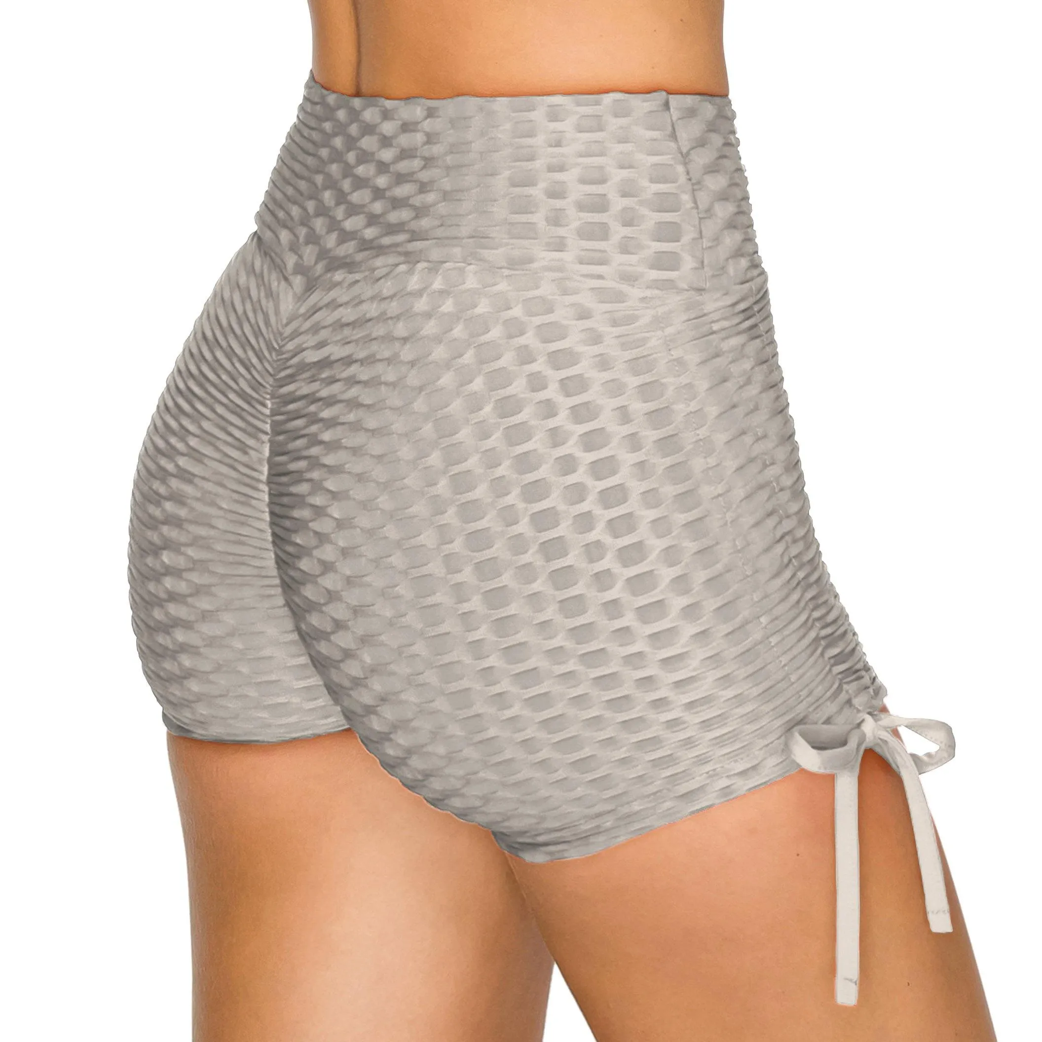 Textured Booty Yoga Shorts - Tie Accent
