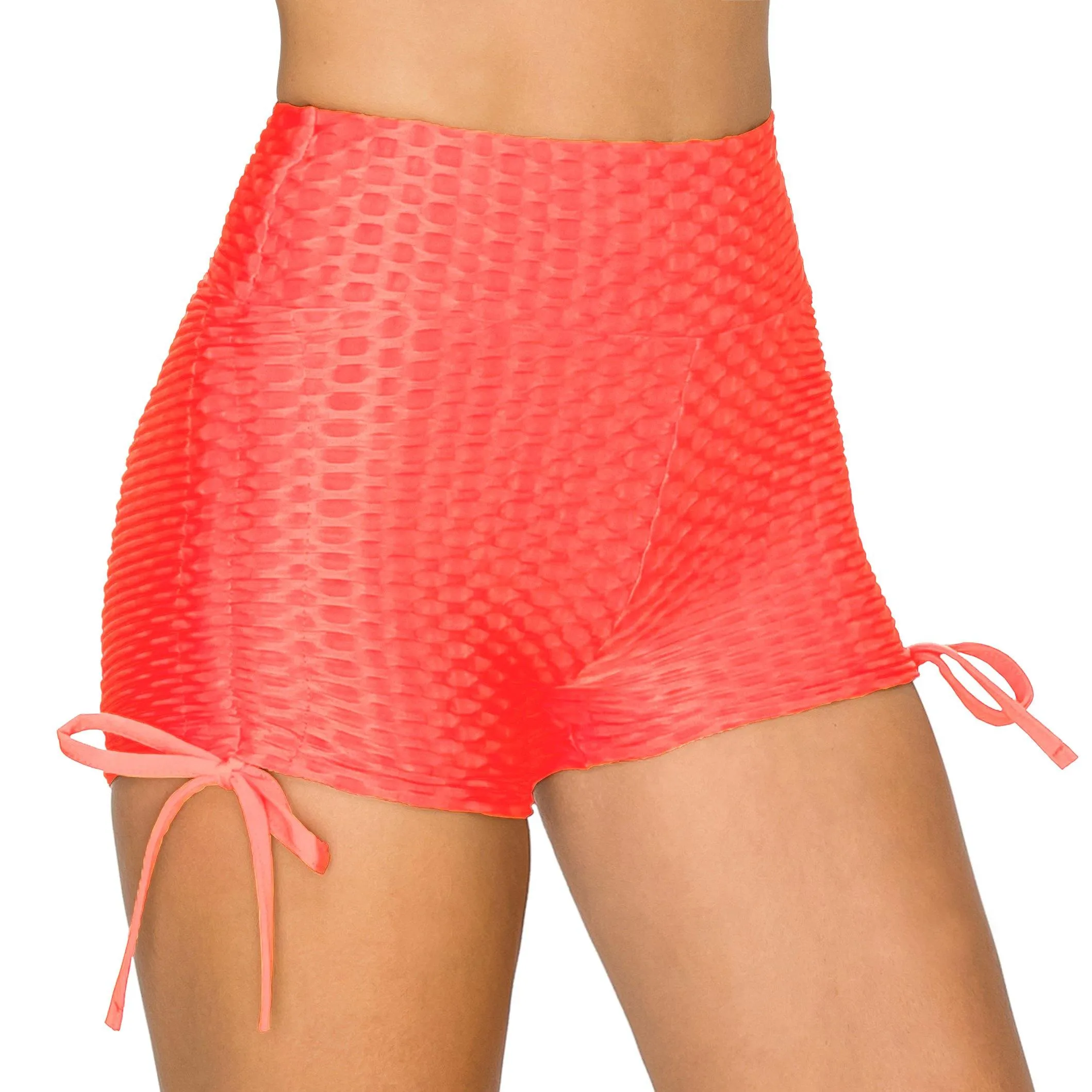 Textured Booty Yoga Shorts - Tie Accent