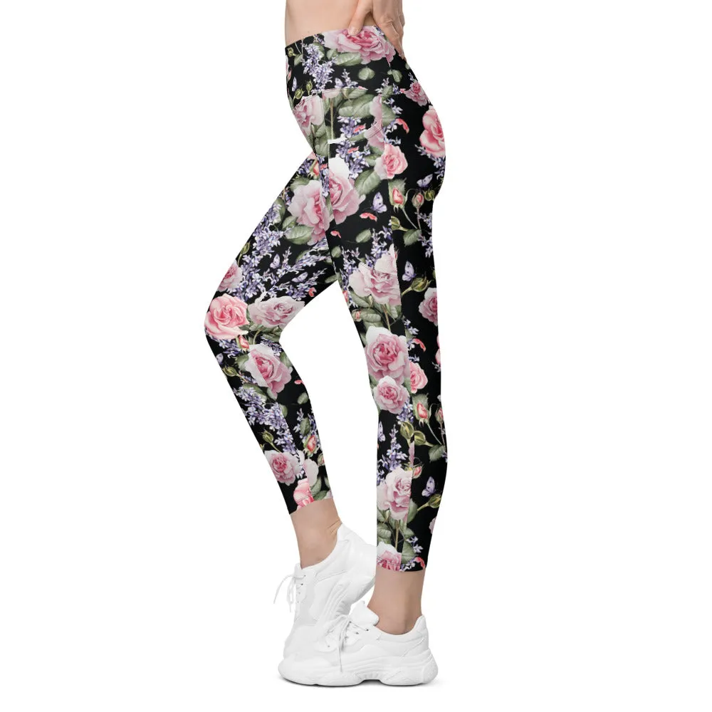 Watercolor Roses & Lavender Leggings with Pockets