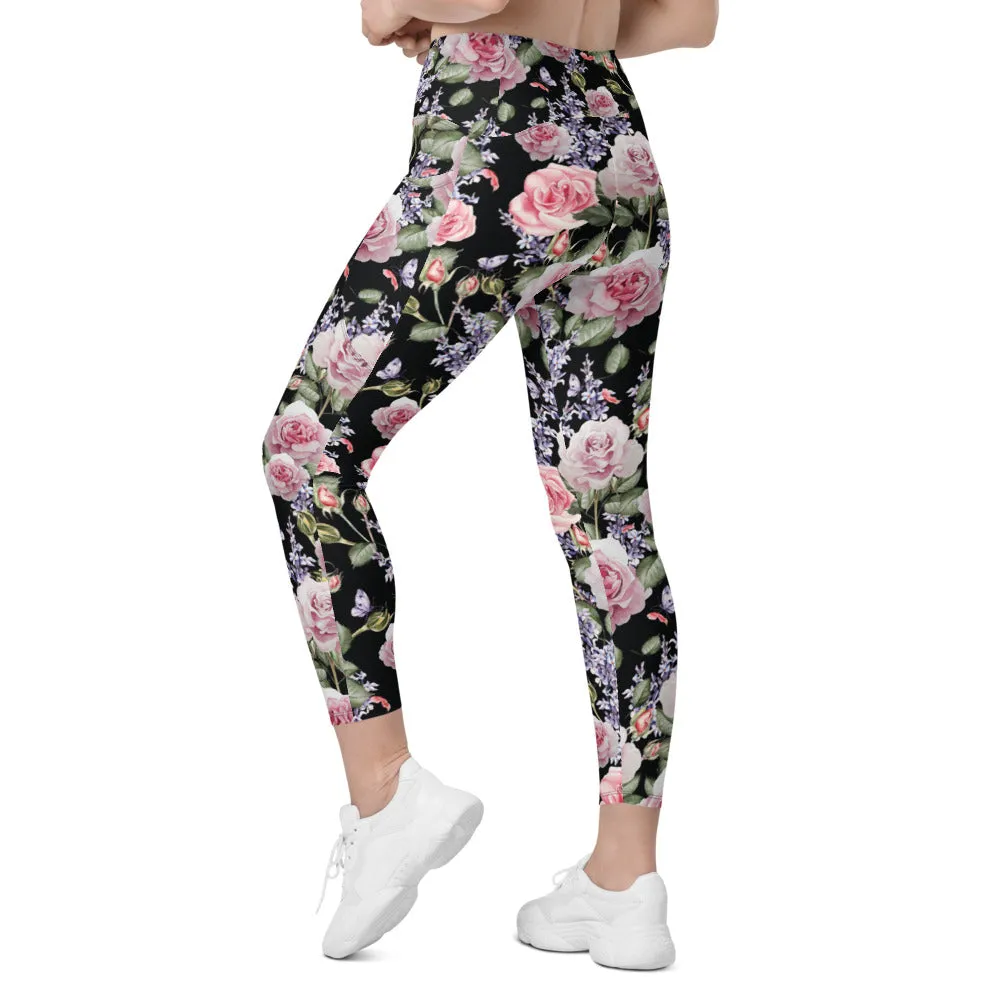 Watercolor Roses & Lavender Leggings with Pockets