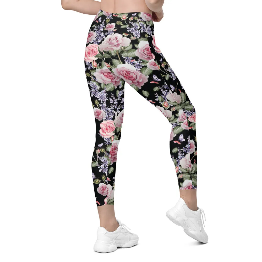 Watercolor Roses & Lavender Leggings with Pockets