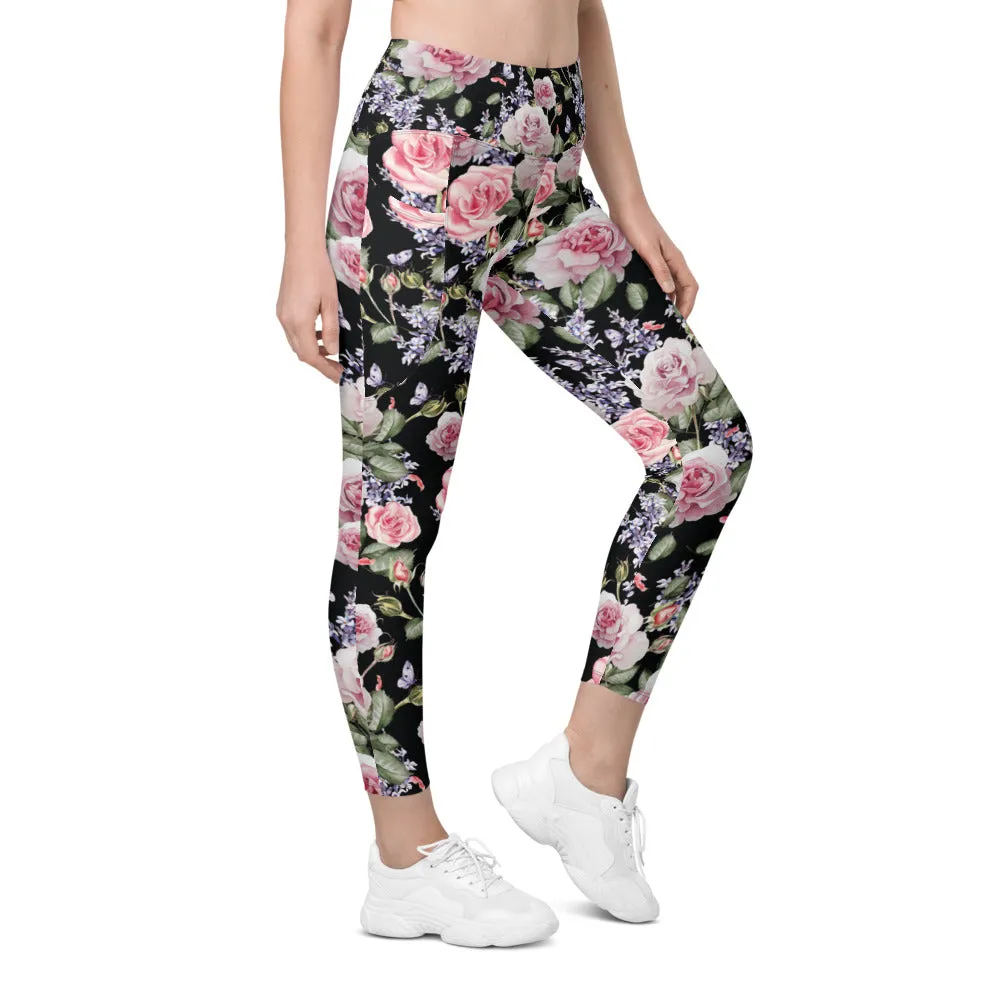 Watercolor Roses & Lavender Leggings with Pockets