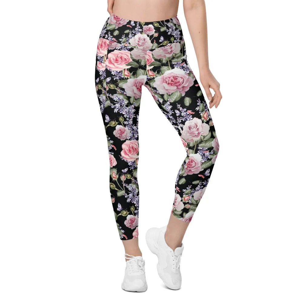 Watercolor Roses & Lavender Leggings with Pockets