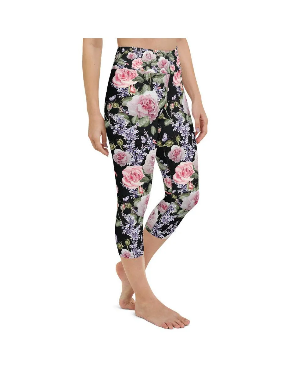 Watercolor Roses & Lavender Yoga Capris