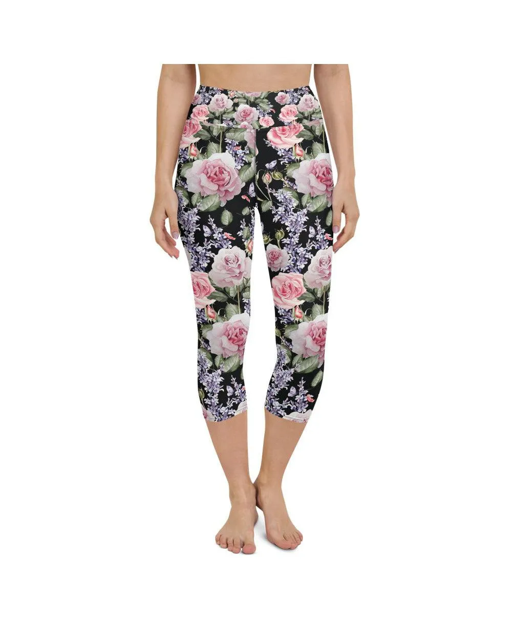 Watercolor Roses & Lavender Yoga Capris