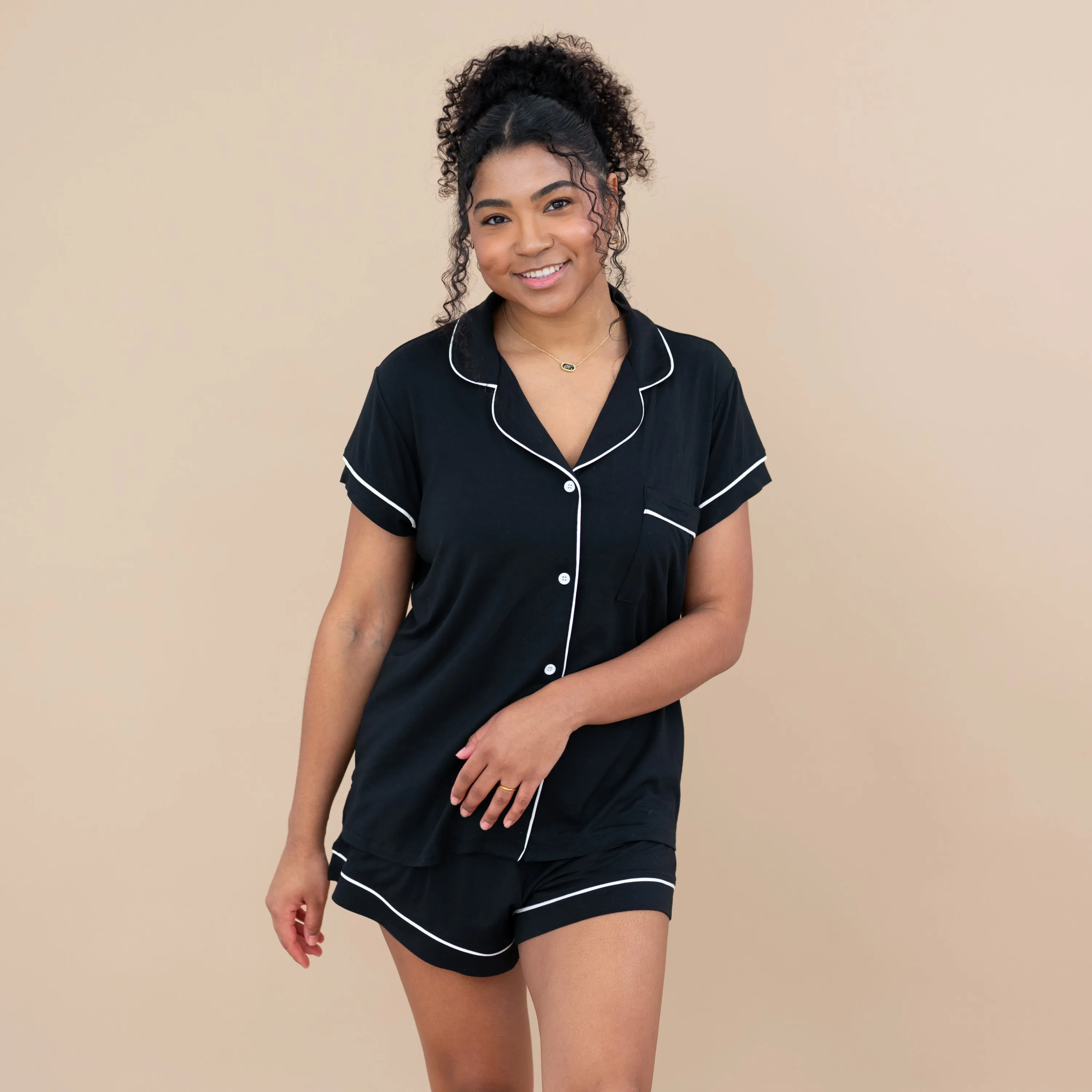 Women’s Short Sleeve Pajama Set in Midnight with Cloud Trim