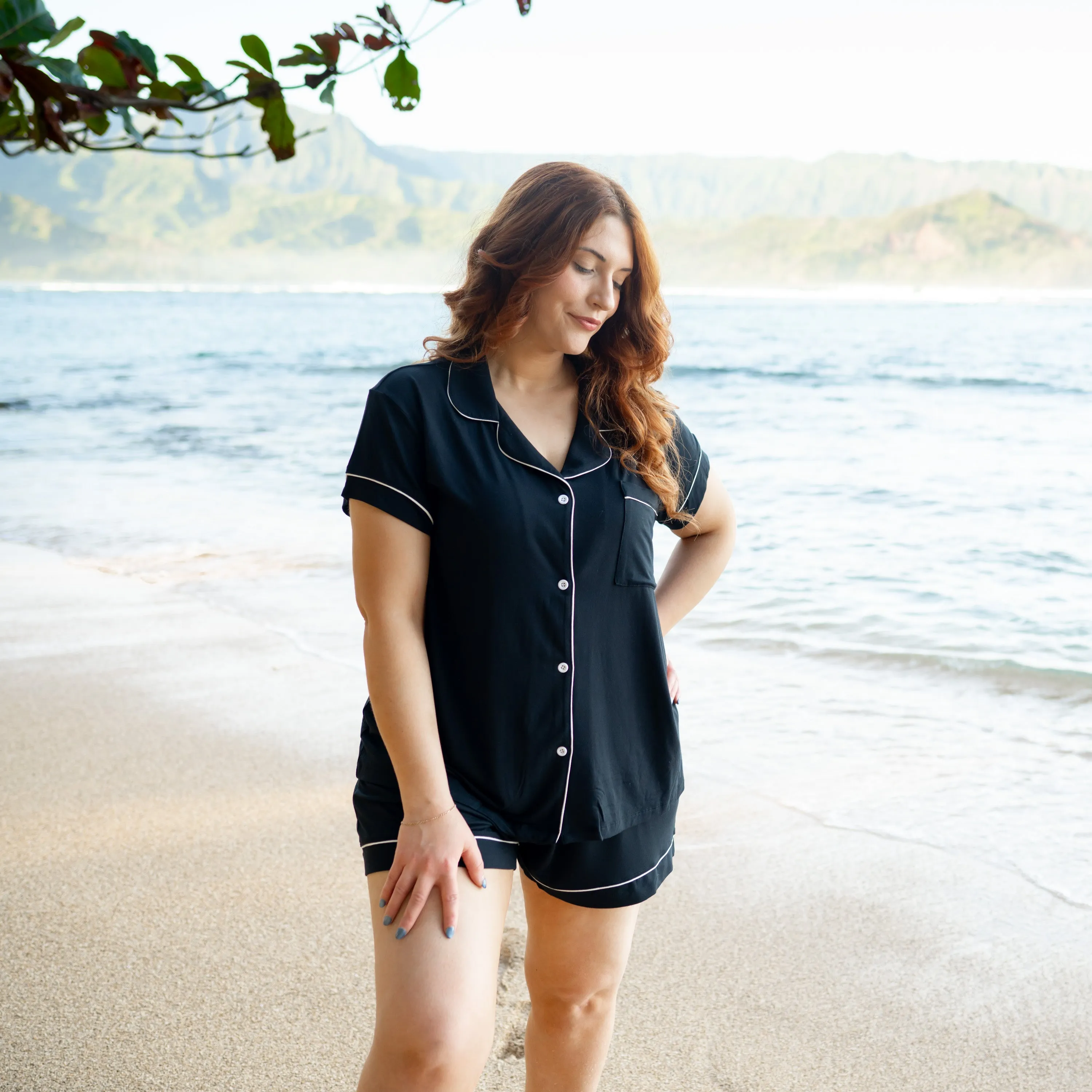 Women’s Short Sleeve Pajama Set in Midnight with Cloud Trim