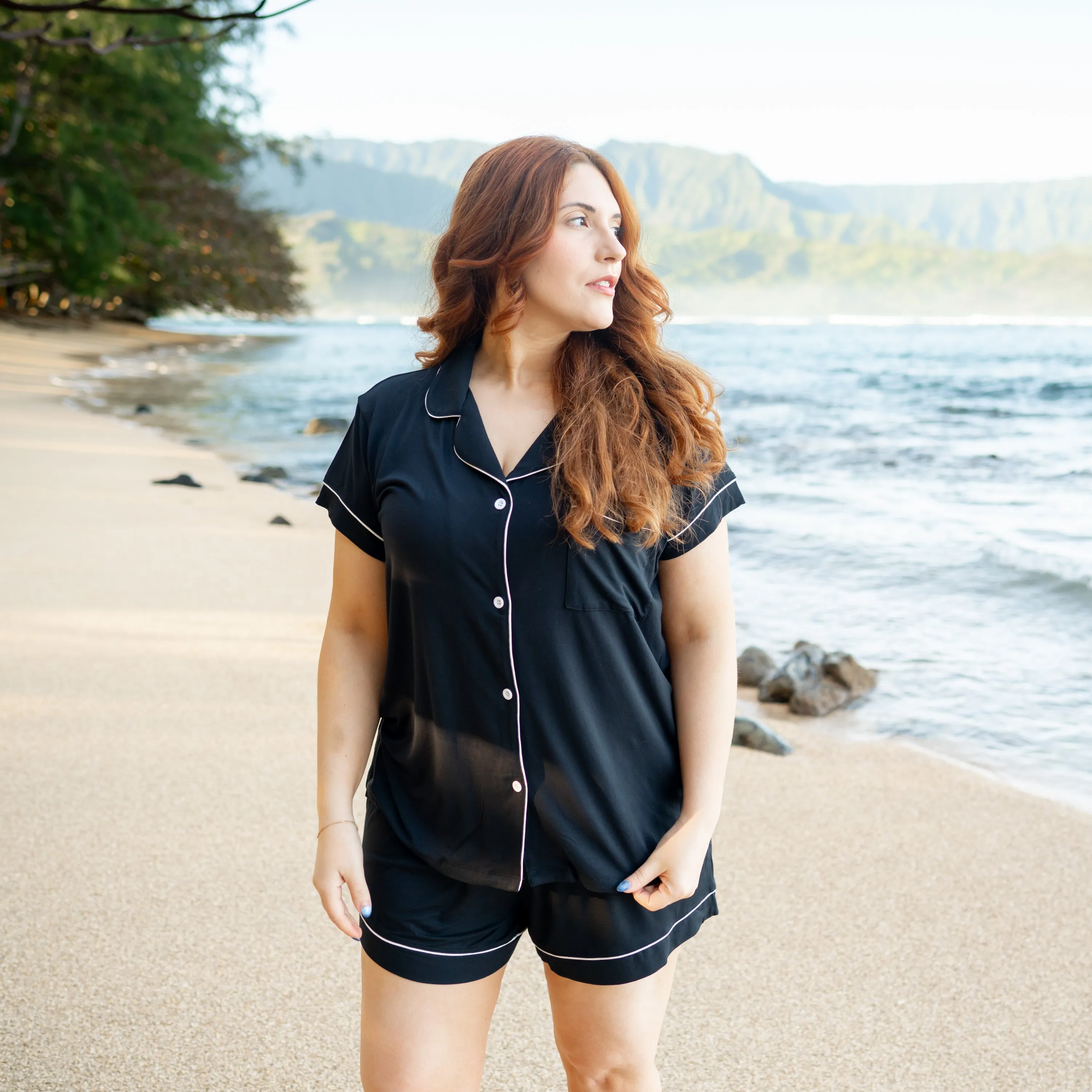 Women’s Short Sleeve Pajama Set in Midnight with Cloud Trim