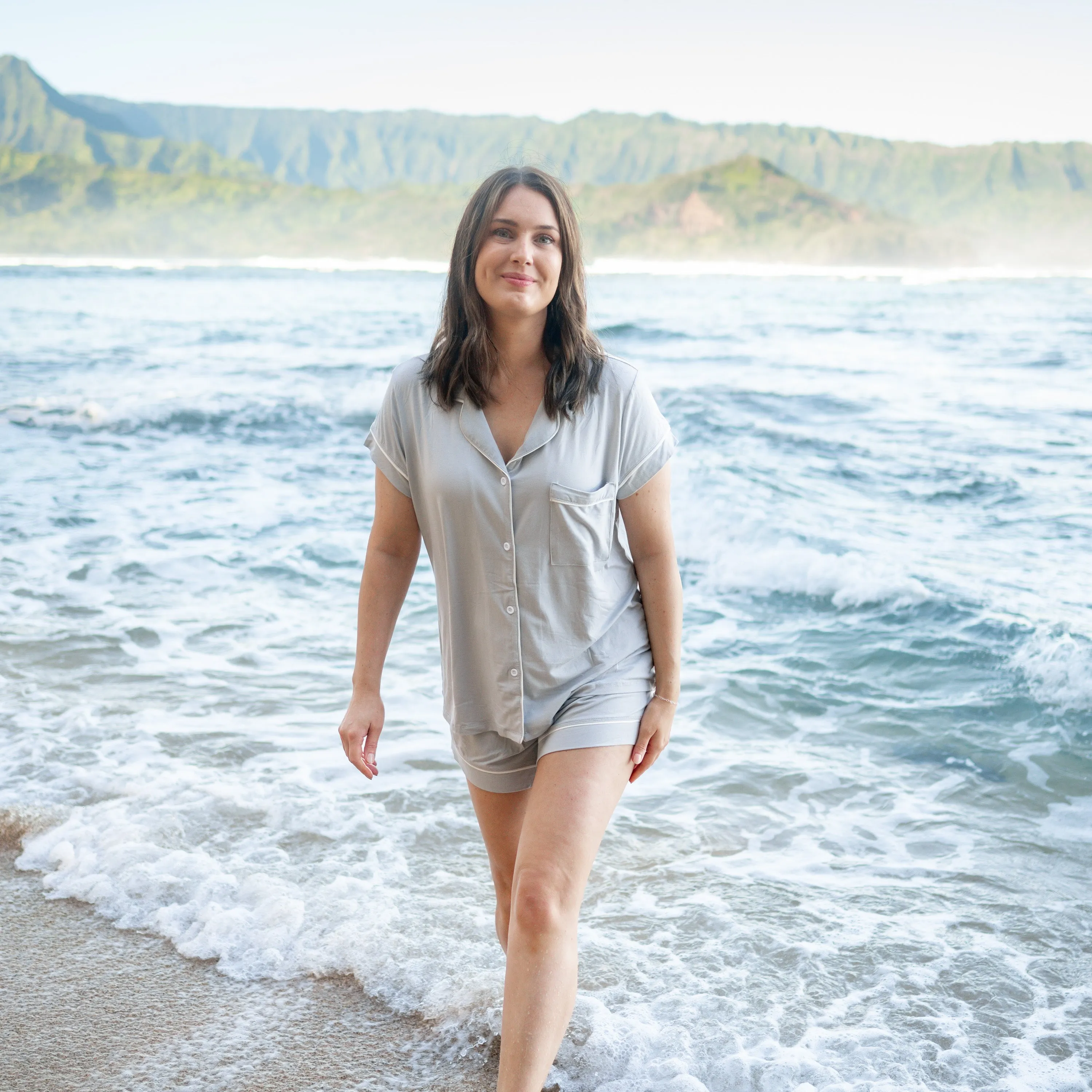 Women’s Short Sleeve Pajama Set in Storm with Cloud Trim