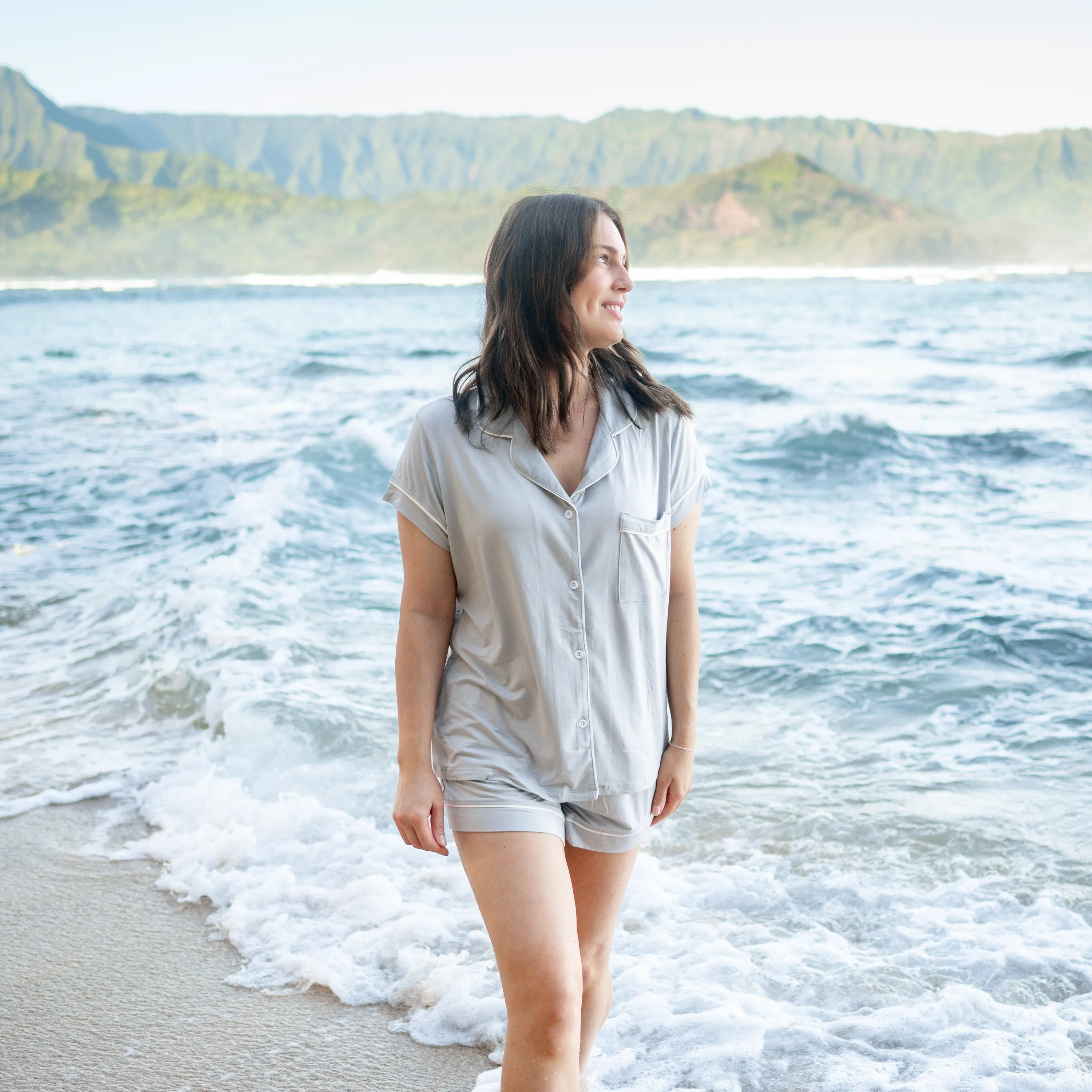 Women’s Short Sleeve Pajama Set in Storm with Cloud Trim